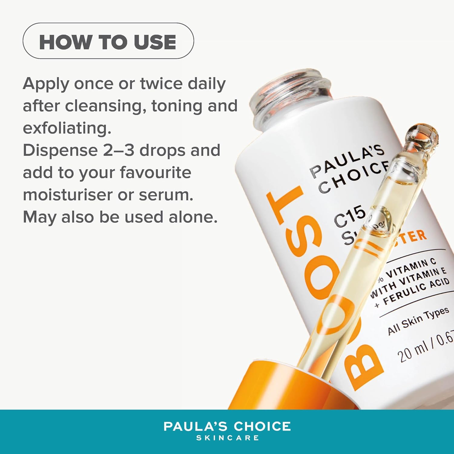 SKINZA Paula's Choice C15 Super Booster serum bottle with dropper, highlighting vitamin C skincare in a sleek packaging