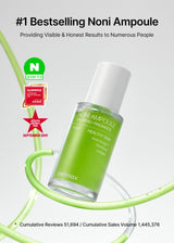 Celimax Noni Energy Ampoule with noni extract in a glass bottle, featuring a dropper cap, for skin revitalization and hydration.