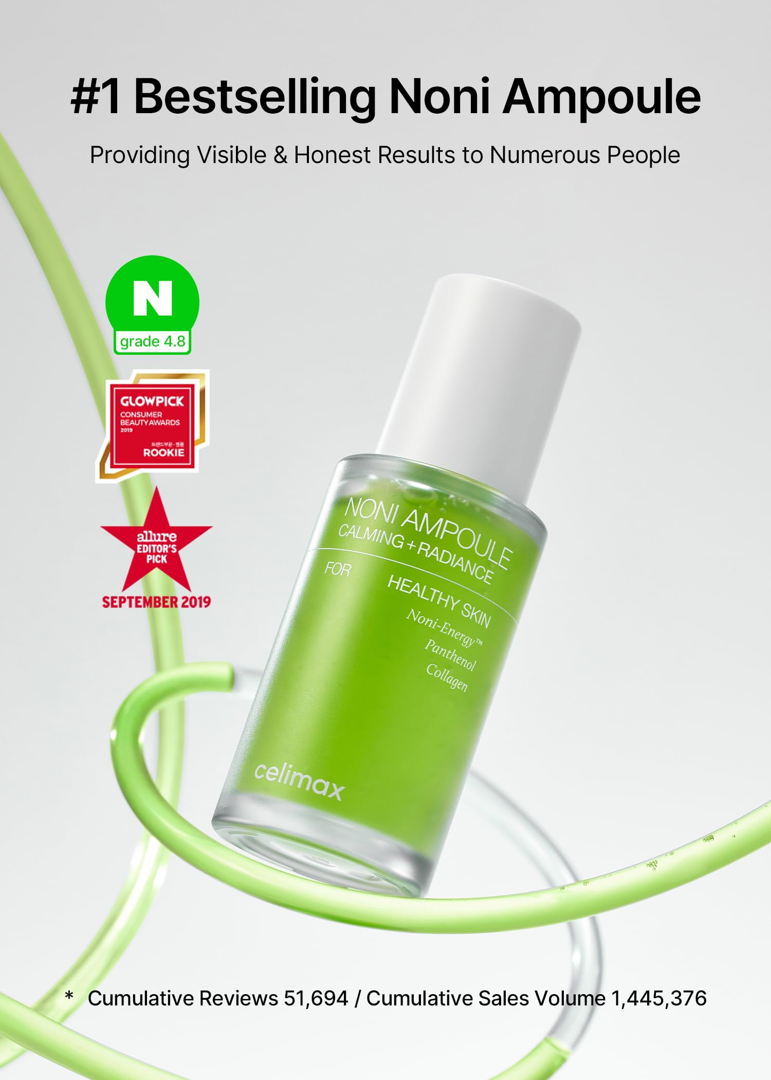 Celimax Noni Energy Ampoule with noni extract in a glass bottle, featuring a dropper cap, for skin revitalization and hydration.