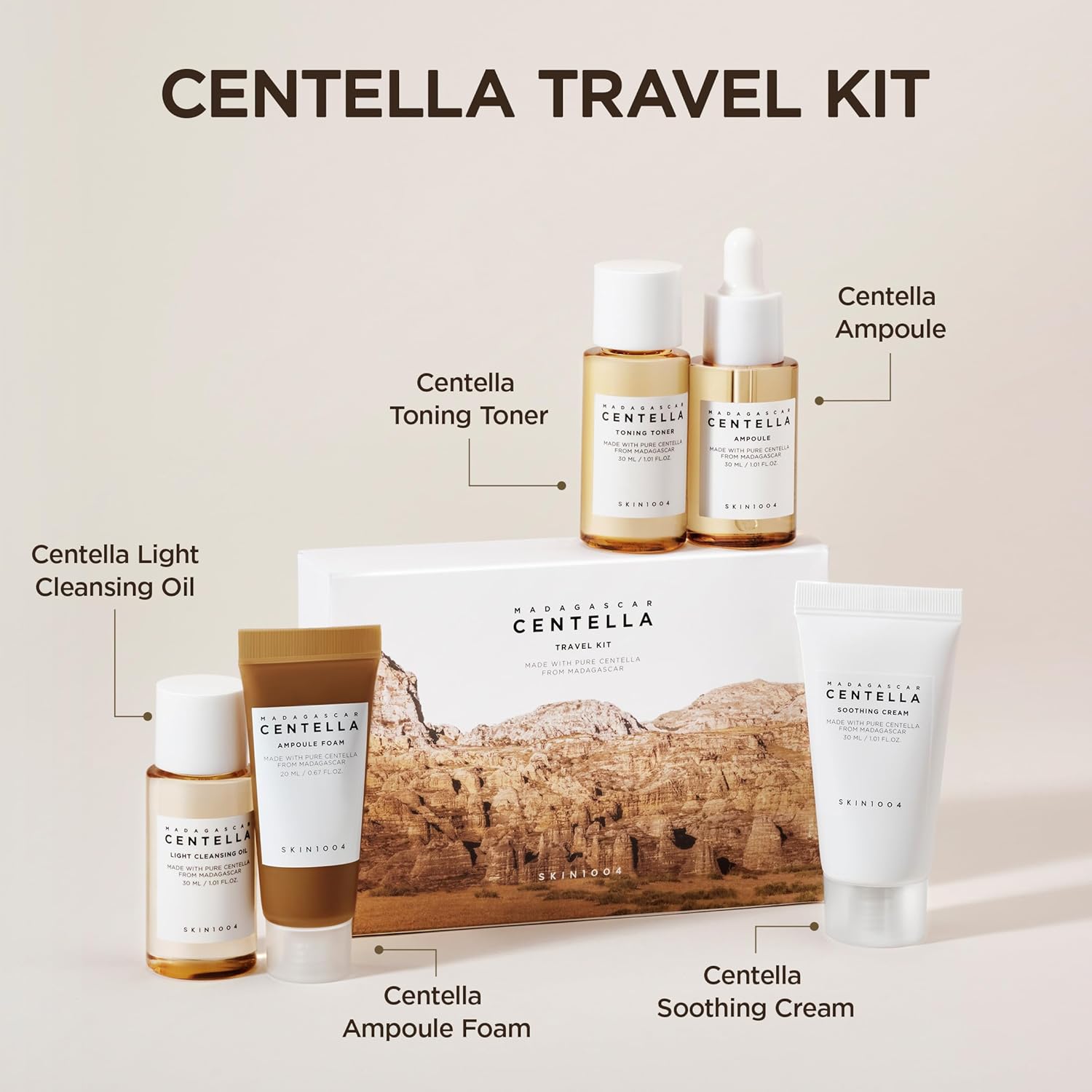 SKINZA SKIN1004 Madagascar Centella Travel Kit with skincare bottles and jars in a compact travel bag.