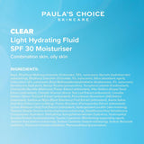 SKINZA Paula's Choice CLEAR Light Hydrating Fluid SPF 30 oil-free moisturizer in a pump bottle, suitable for sensitive skin.