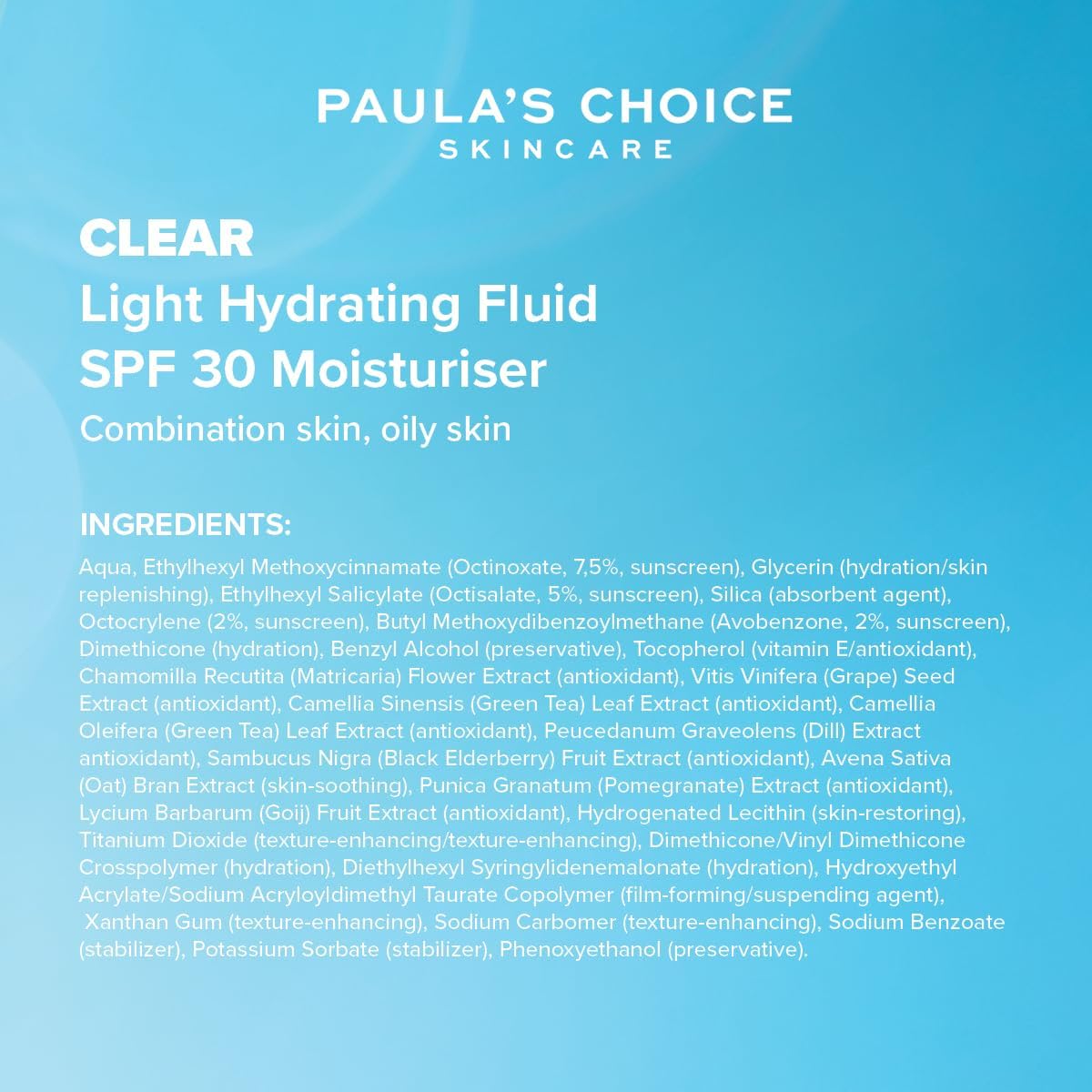 SKINZA Paula's Choice CLEAR Light Hydrating Fluid SPF 30 oil-free moisturizer in a pump bottle, suitable for sensitive skin.