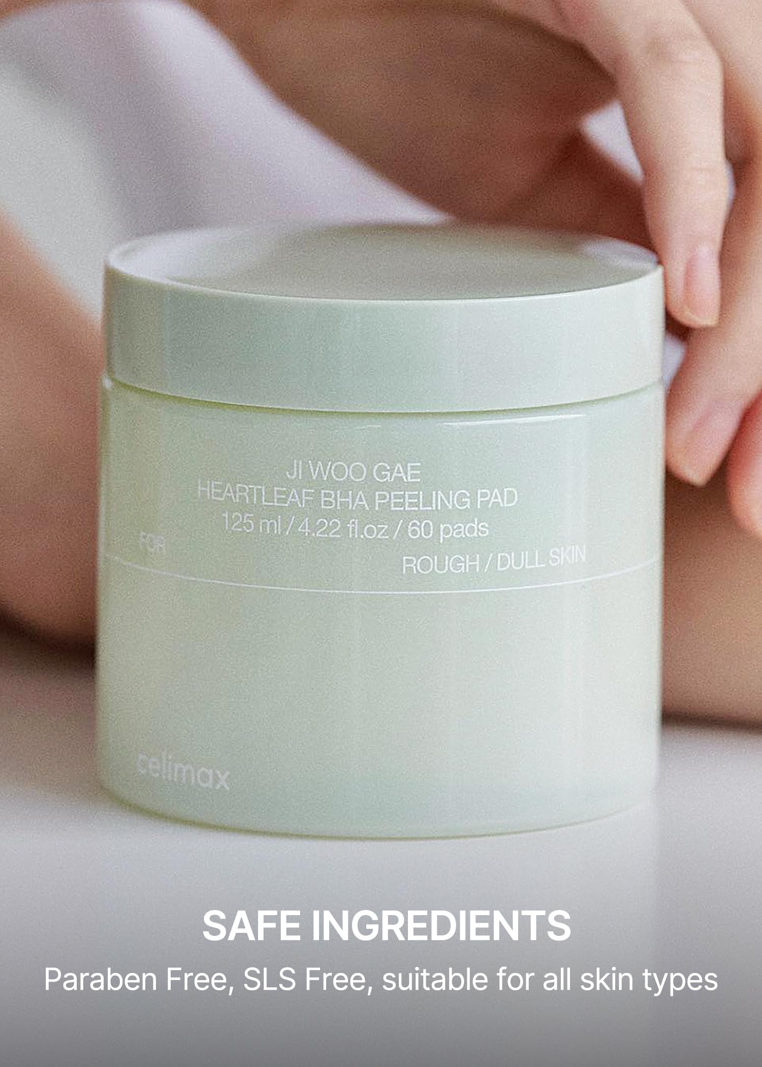 Celimax Ji.Woo.Gae Heartleaf BHA Peeling Pad showing textured face pads with natural ingredients for exfoliation and skin renewal