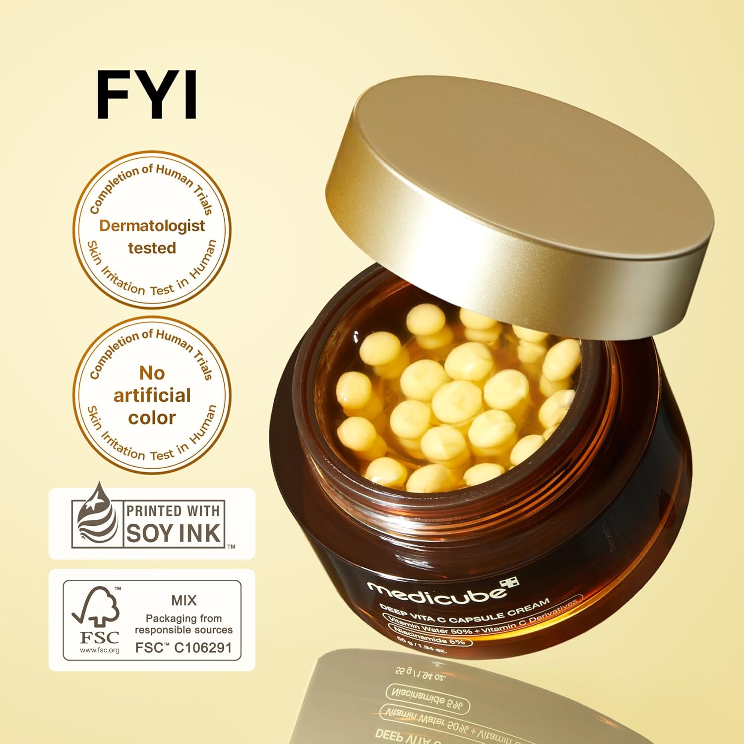SKINZA Medicube Deep Vitamin C Golden Capsule Face Moisturizer in a jar, featuring golden capsules for brightening and hydration.
