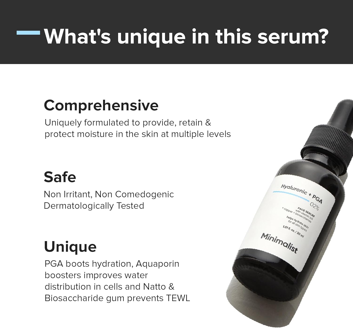 SKINZA minimalist 2% hyaluronic acid hydrating serum bottle, clear packaging with dropper for intense skin hydration.