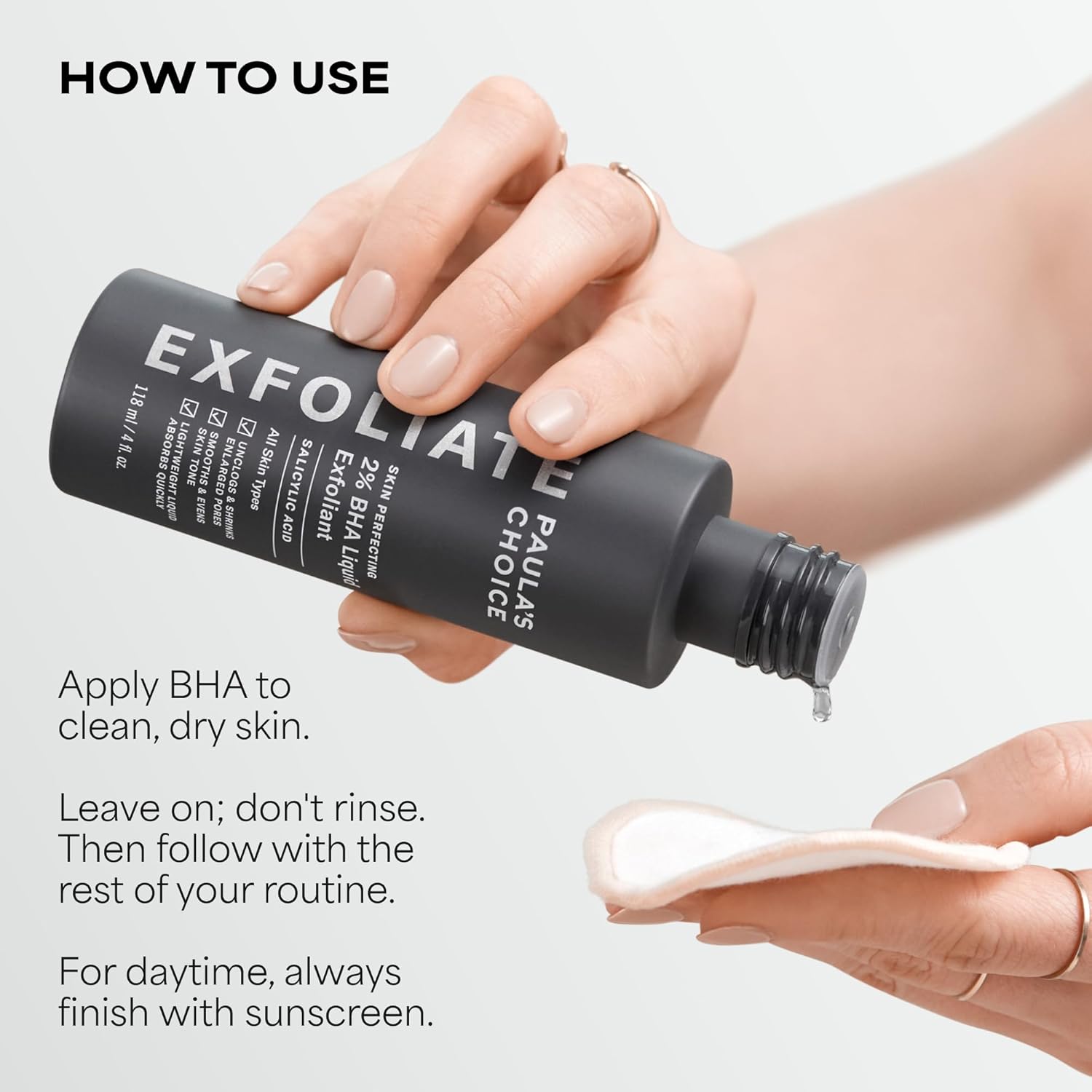 SKINZA Paula’s Choice Skin Perfecting 2% BHA Liquid Exfoliant bottle with label and pump for clear, smooth skin care.