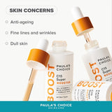 SKINZA Paula's Choice C15 Super Booster in a dropper bottle, featuring bright orange liquid for skin brightening and antioxidant benefits.