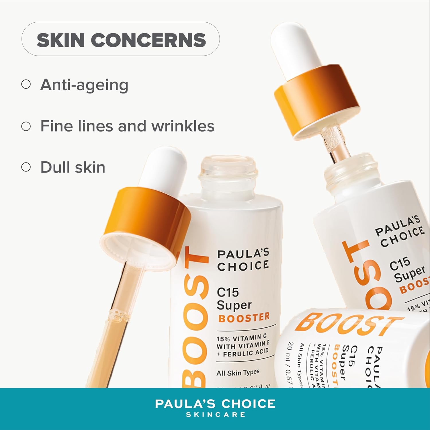 SKINZA Paula's Choice C15 Super Booster in a dropper bottle, featuring bright orange liquid for skin brightening and antioxidant benefits.