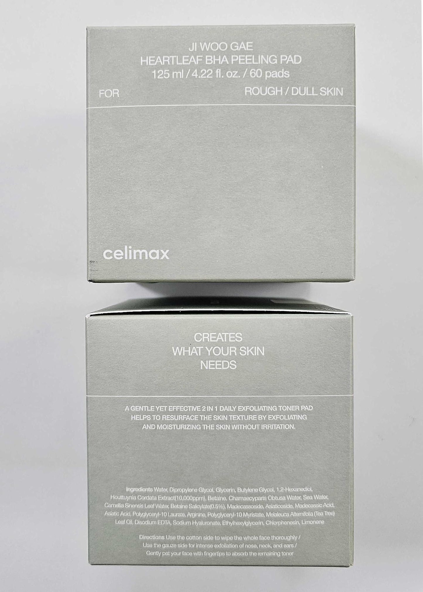 Celimax Ji.Woo.Gae Heartleaf BHA Peeling Pad showing textured face pad with heartleaf extract for gentle exfoliation.