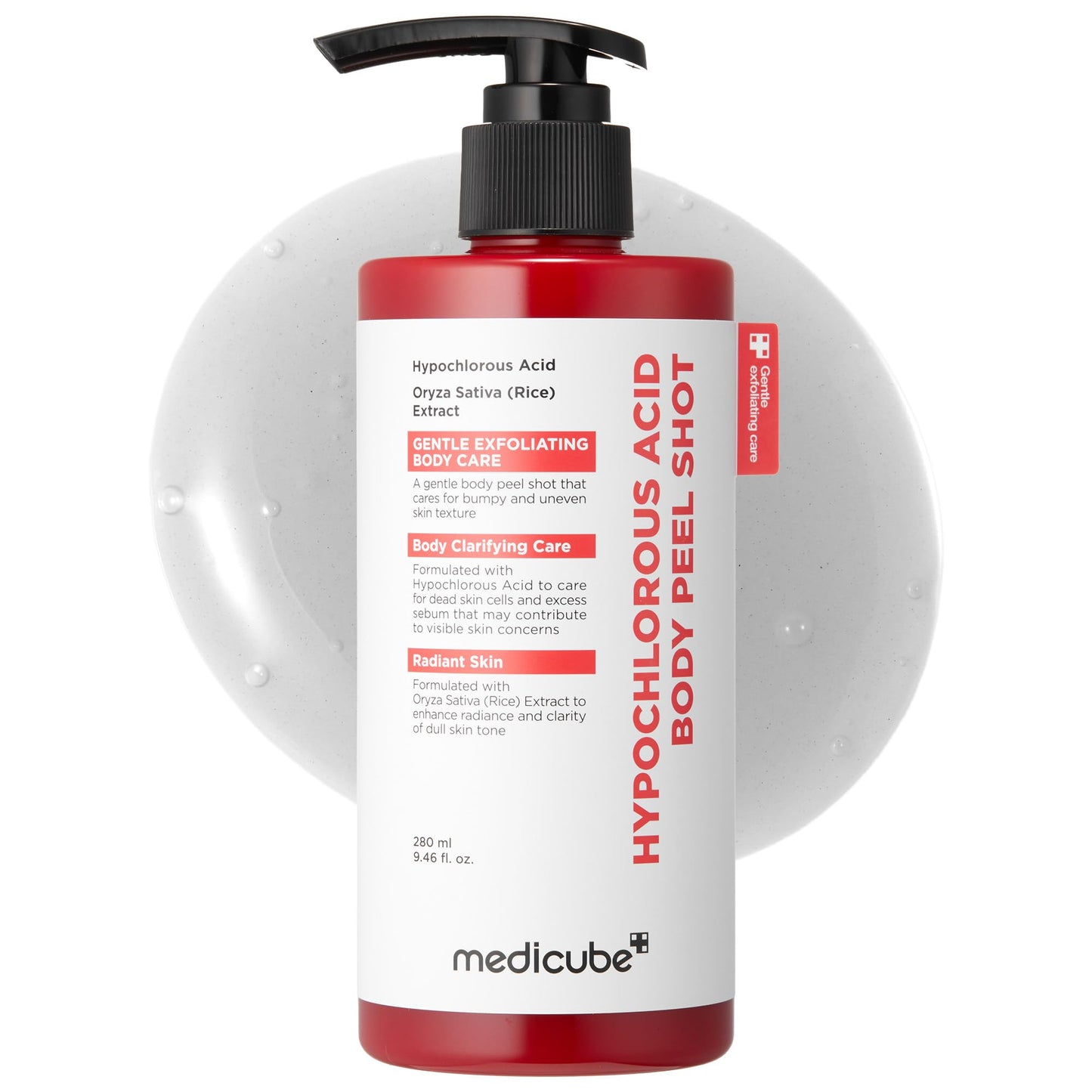 Medicube Body Peel Shot with Hypochlorous Acids for body care, featuring a sleek bottle with the product label visible.