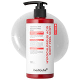 Medicube Body Peel Shot with Hypochlorous Acids for body care, featuring a sleek bottle with the product label visible.