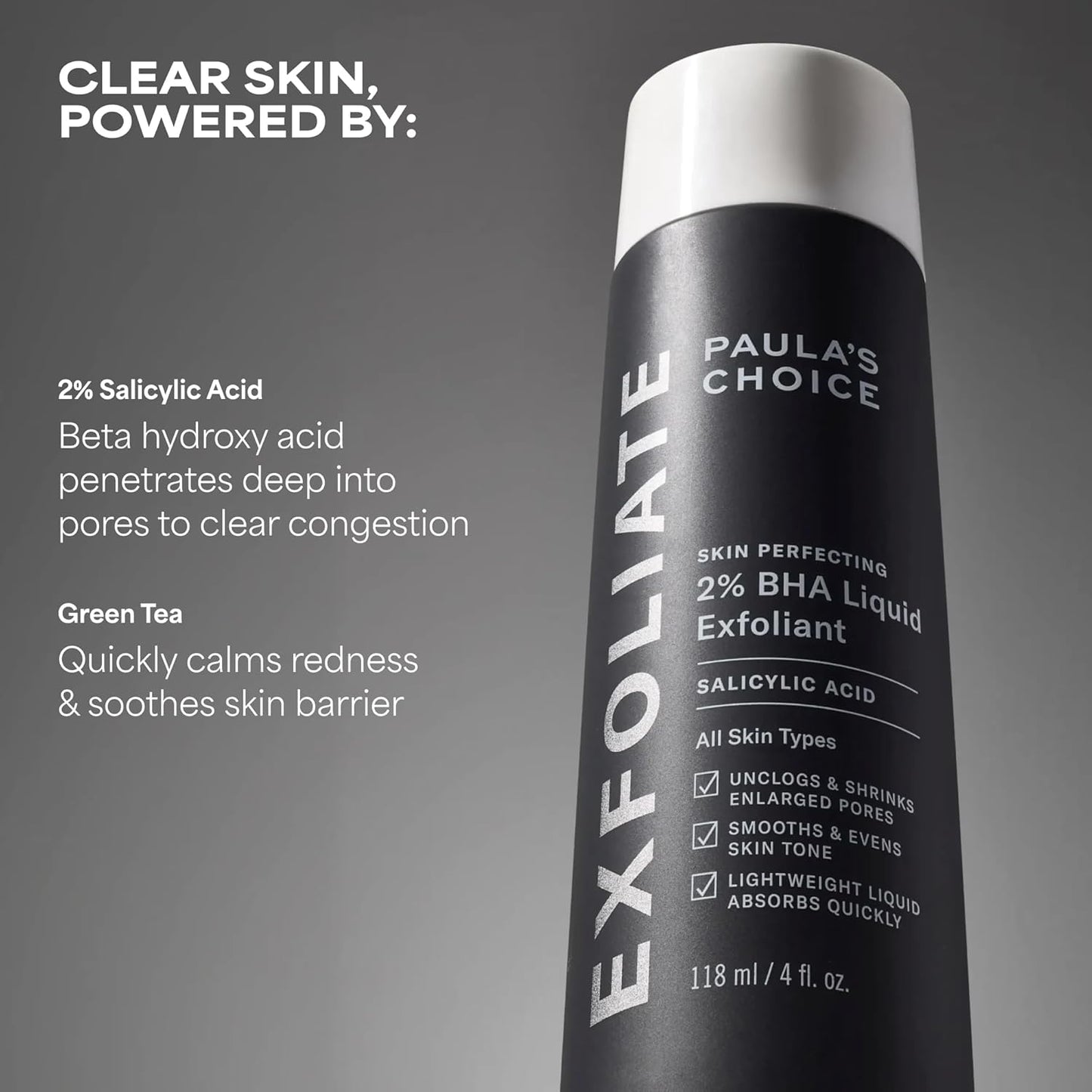 SKINZA Paula’s Choice Skin Perfecting 2% BHA Liquid Exfoliant bottle with white cap and clear liquid inside.