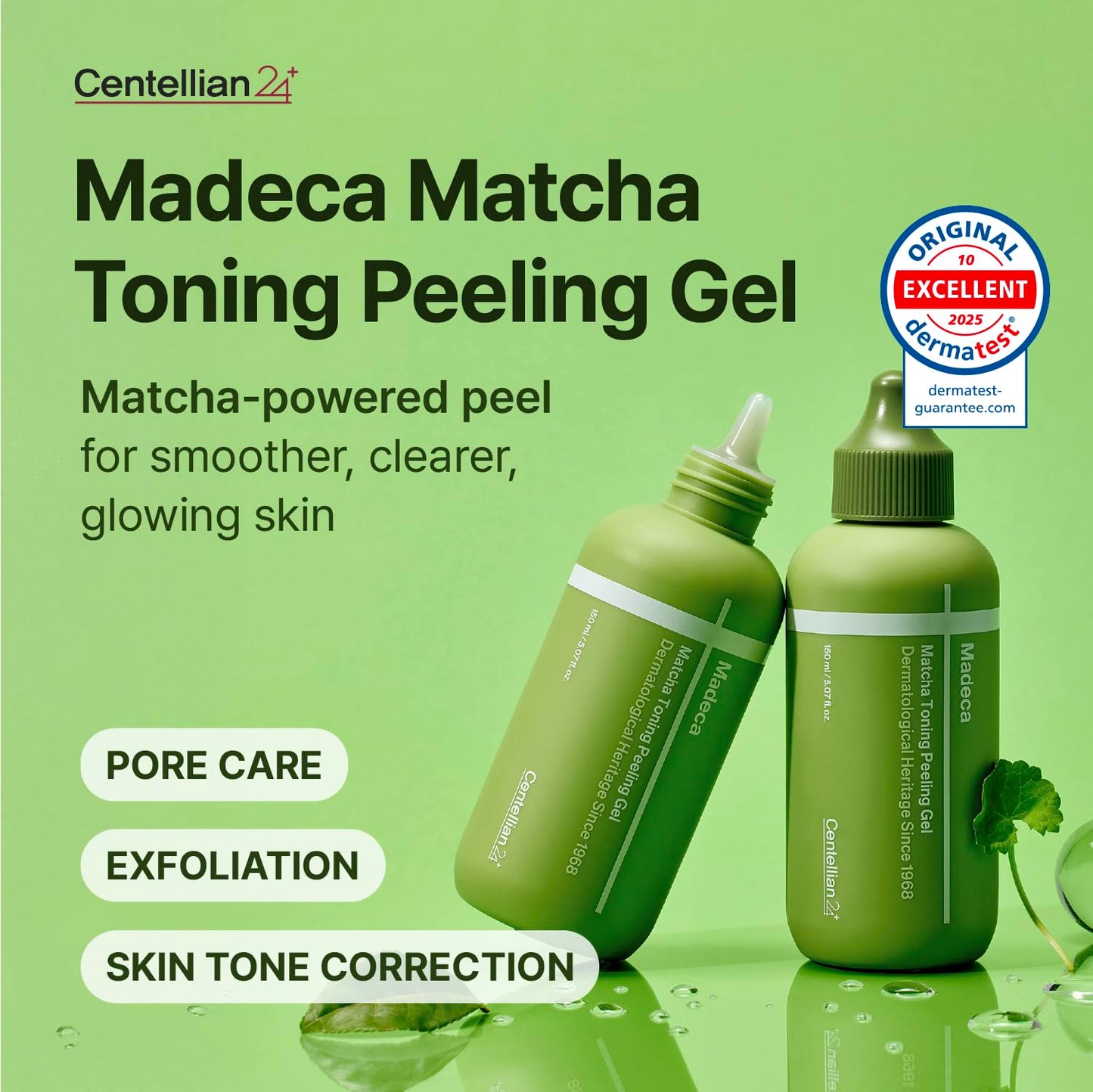 CENTELLIAN 24 Madeca Matcha Toning Peeling Gel in a 150 ml cream tube, with green matcha and skincare ingredients visible.