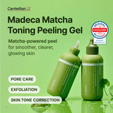 CENTELLIAN 24 Madeca Matcha Toning Peeling Gel in a 150 ml cream tube, with green matcha and skincare ingredients visible.