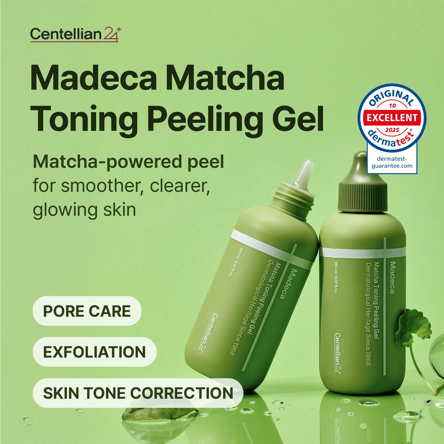 CENTELLIAN 24 Madeca Matcha Toning Peeling Gel in a 150 ml cream tube, with green matcha and skincare ingredients visible.