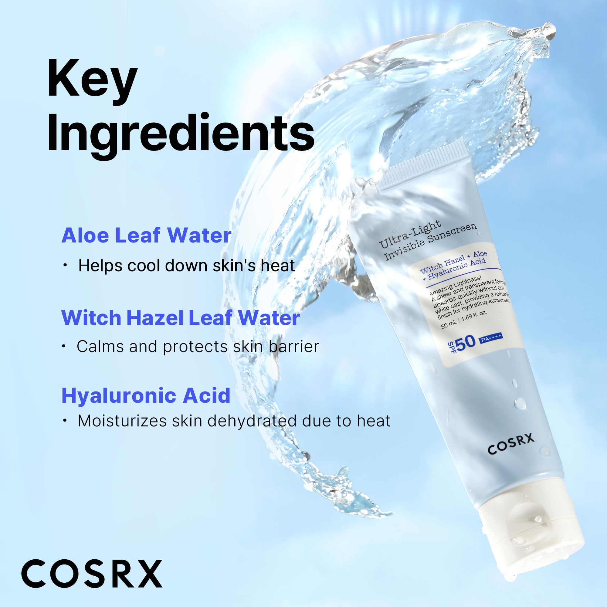 COSRX Ultra-Light Invisible Sunscreen SPF 50 face moisturizer in a tube with a smooth, lightweight texture and broad-spectrum sun protection.
