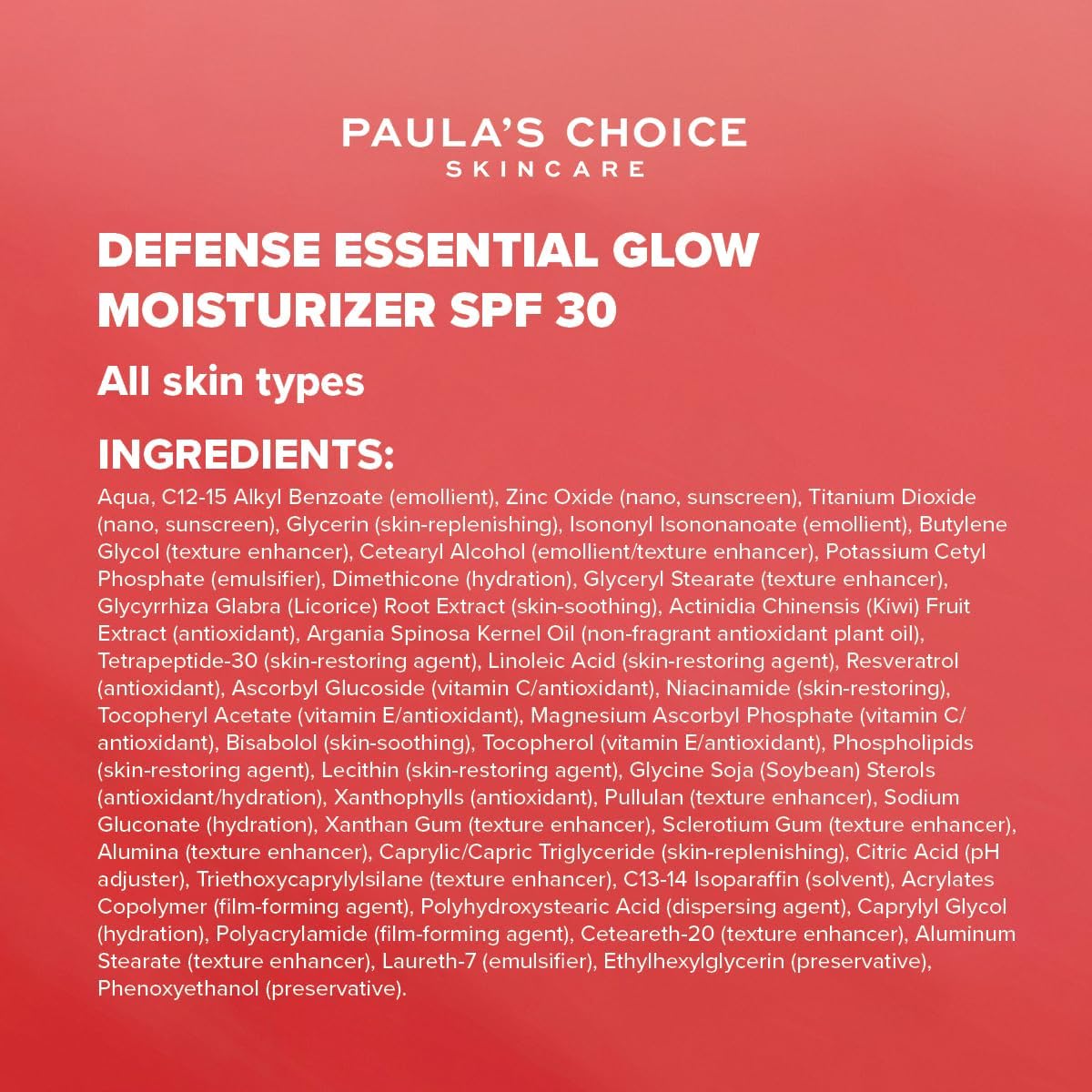 SKINZA Paula’s Choice DEFENSE Glow Moisturiser SPF 30 with luminous finish, creamy texture, and sun protection in a jar.