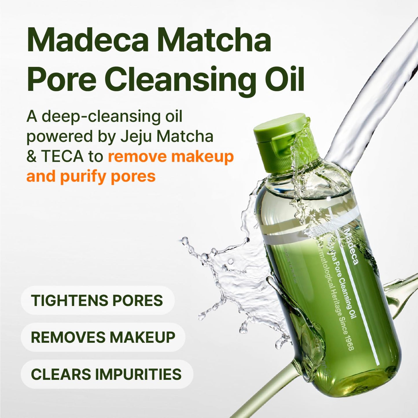 Centellian 24 Madeca Matcha Cleansing Oil bottle, 6.76 fl oz, for face cleansing and skincare with natural ingredients.