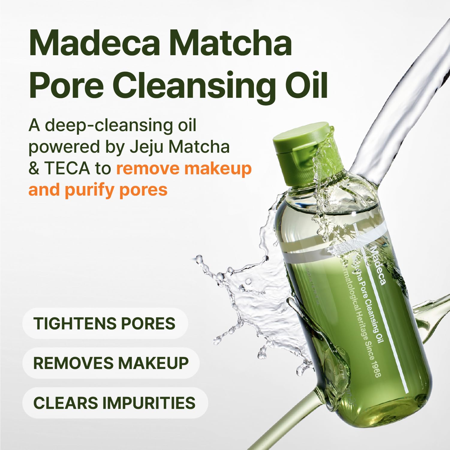 Centellian 24 Madeca Matcha Cleansing Oil bottle, 6.76 fl oz, for face cleansing and skincare with natural ingredients.