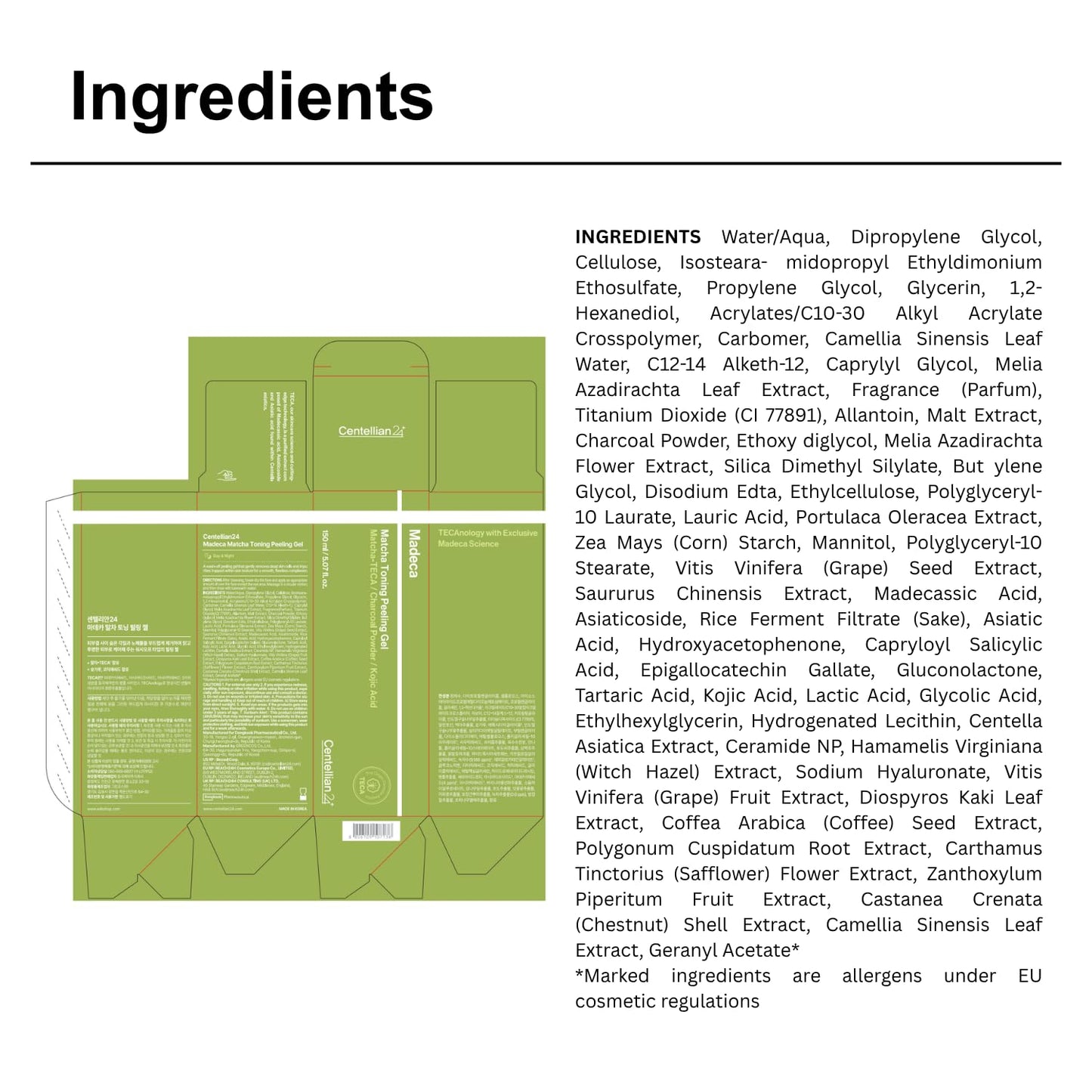 CENTELLIAN 24 Madeca Matcha Toning Peeling Gel in a 150ml cream jar, showing the product's packaging and branding.