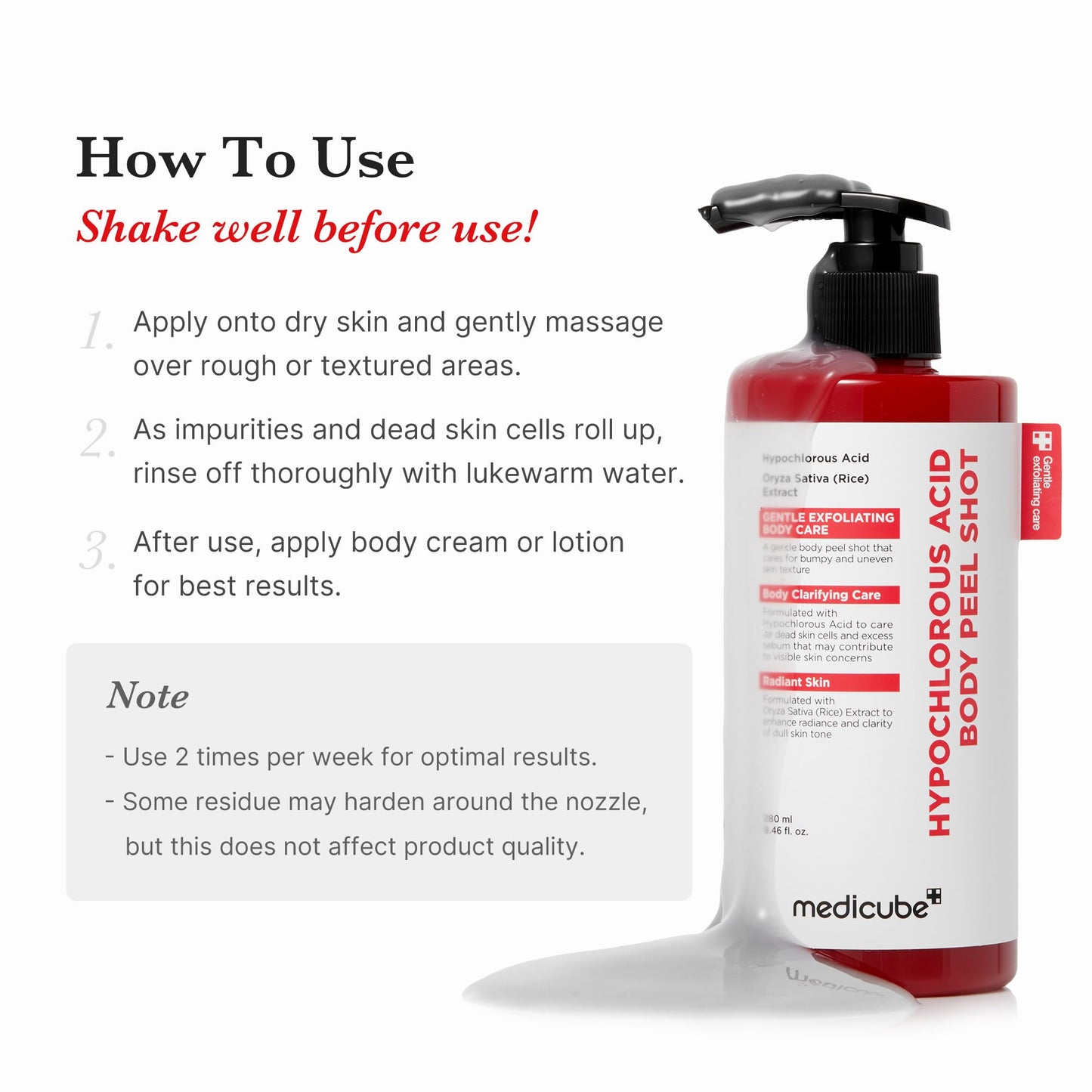 Medicube Body Peel Shot with Hypochlorous Acids for body care, featuring a clear bottle with a white cap and label.