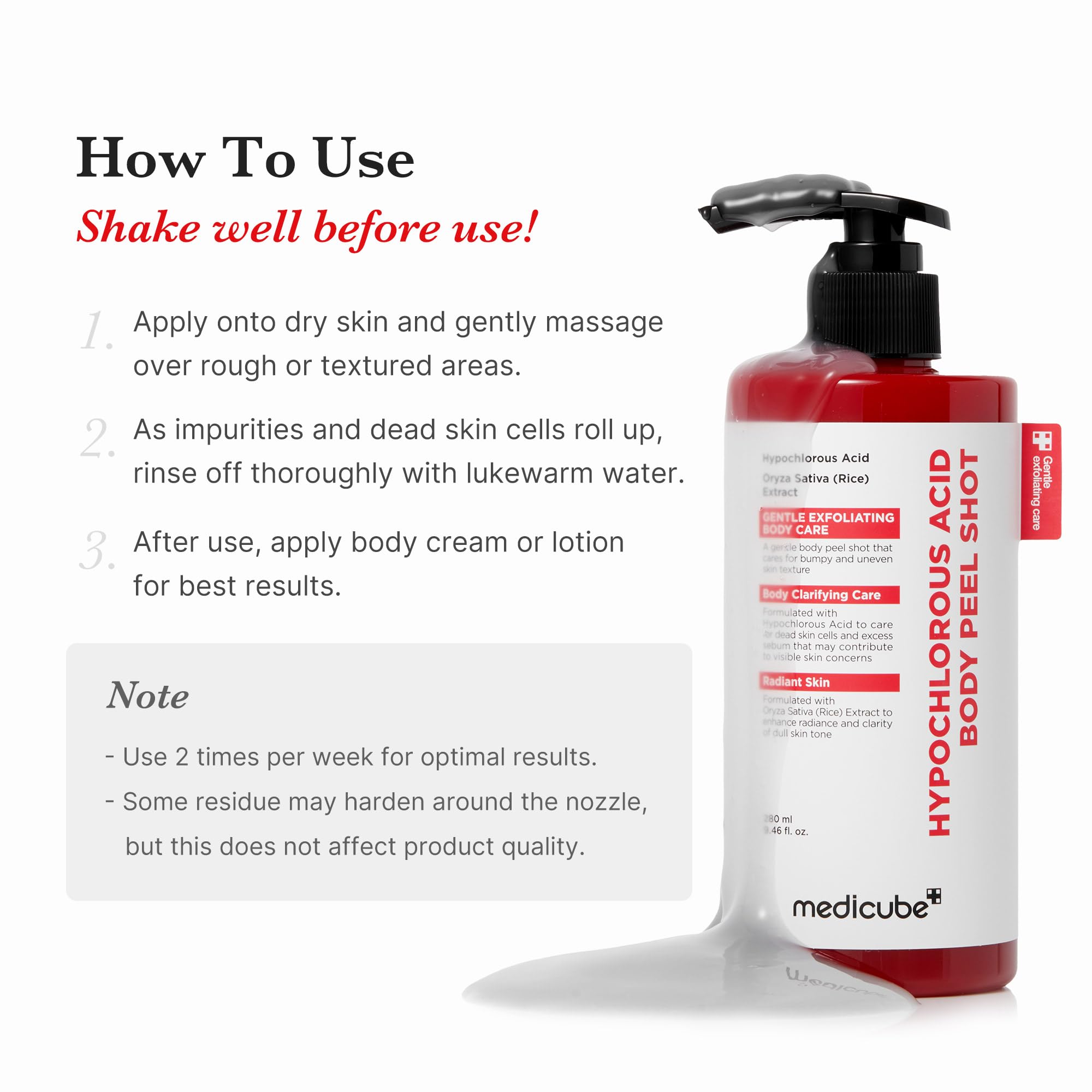 Medicube Body Peel Shot with Hypochlorous Acids for body care, featuring a clear bottle with a white cap and label.