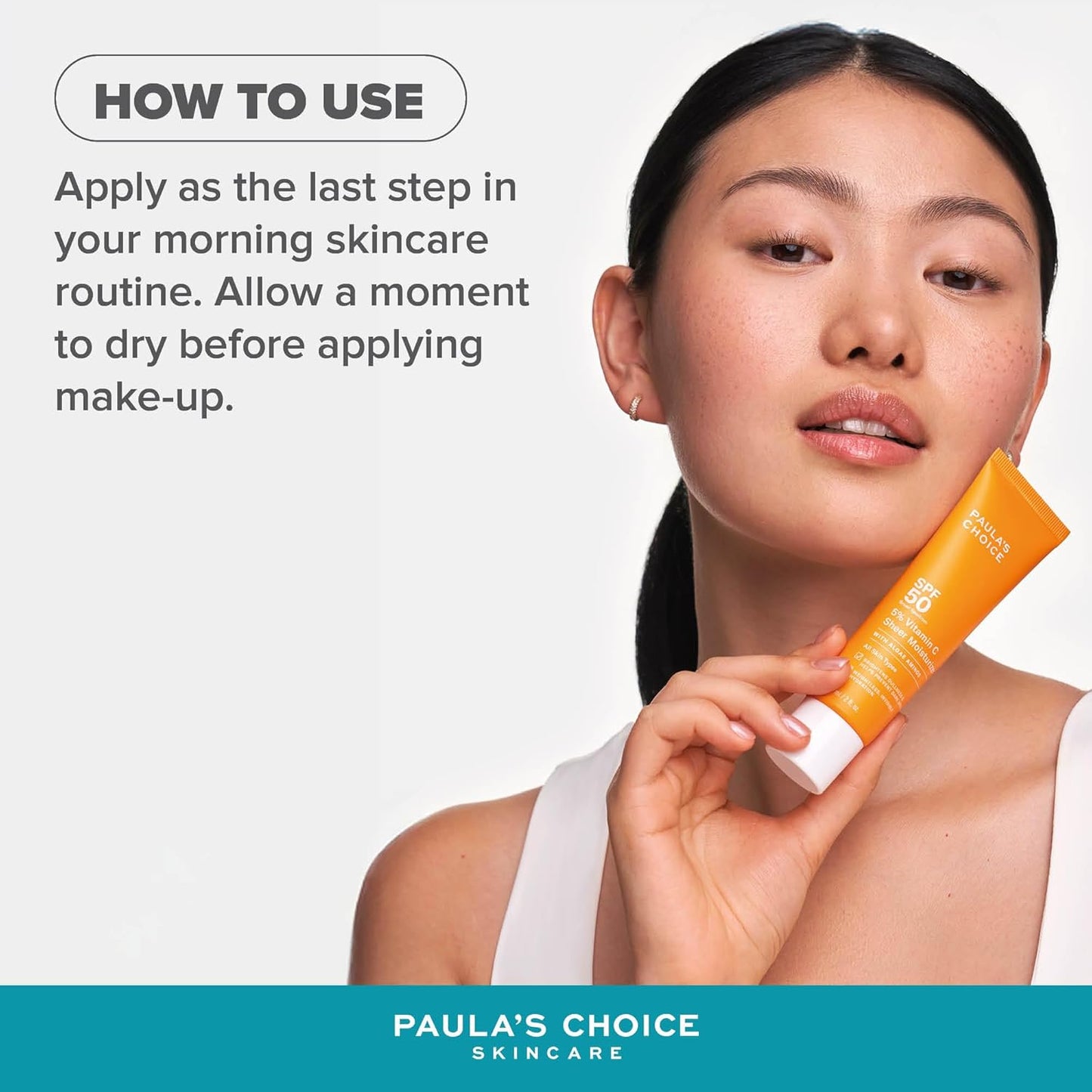 SKINZA Paula's Choice 5% Vitamin C Lotion SPF 50 bottle with pump for brightening and sun protection, featuring a sleek white design.