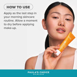 SKINZA Paula's Choice 5% Vitamin C Lotion SPF 50 bottle with pump for brightening and sun protection, featuring a sleek white design.