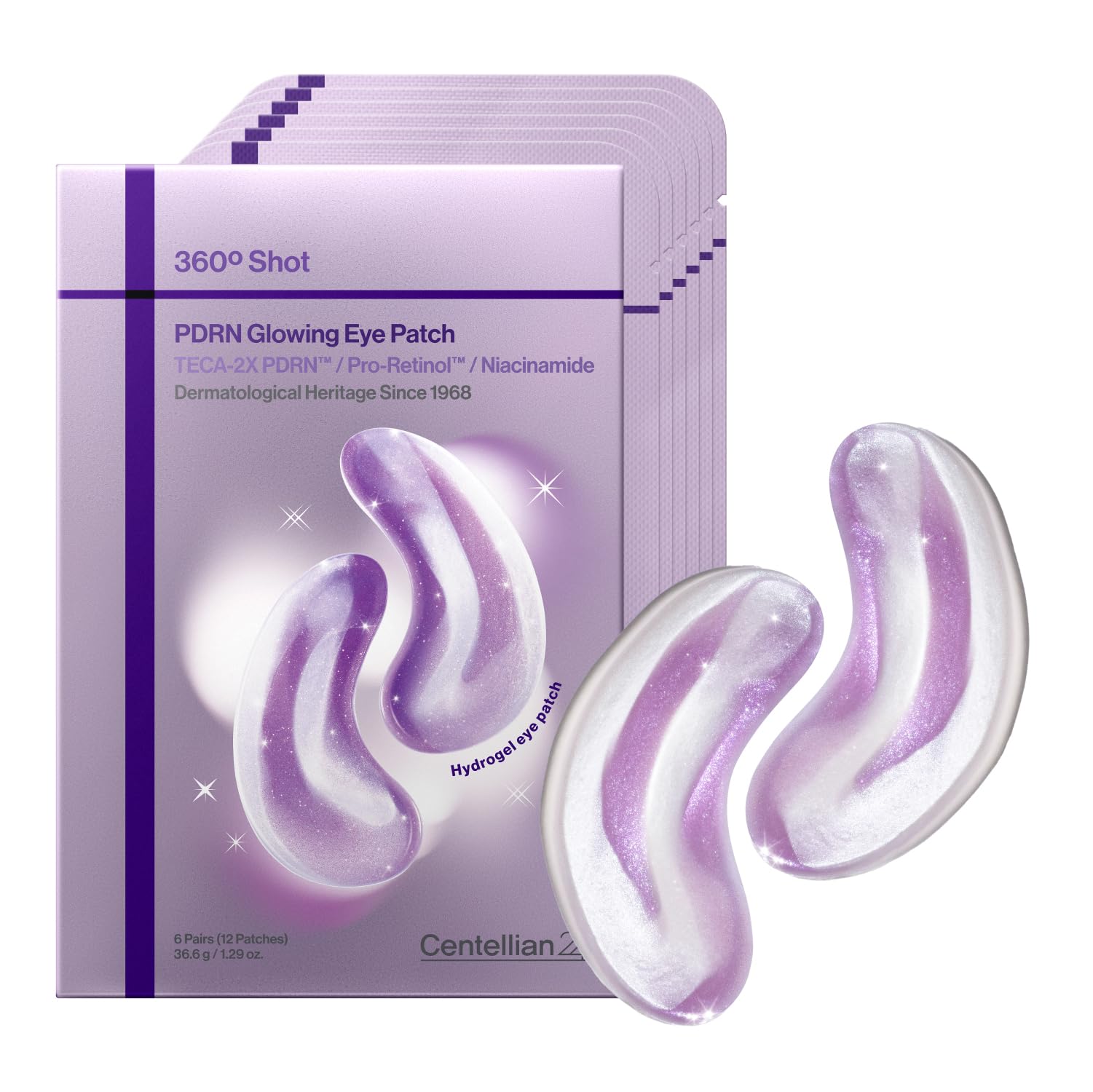 CENTELLIAN 24 PDRN Glowing Eye Patch for eye care, showing luminous patches designed to reduce puffiness and hydrate the under-eye area.