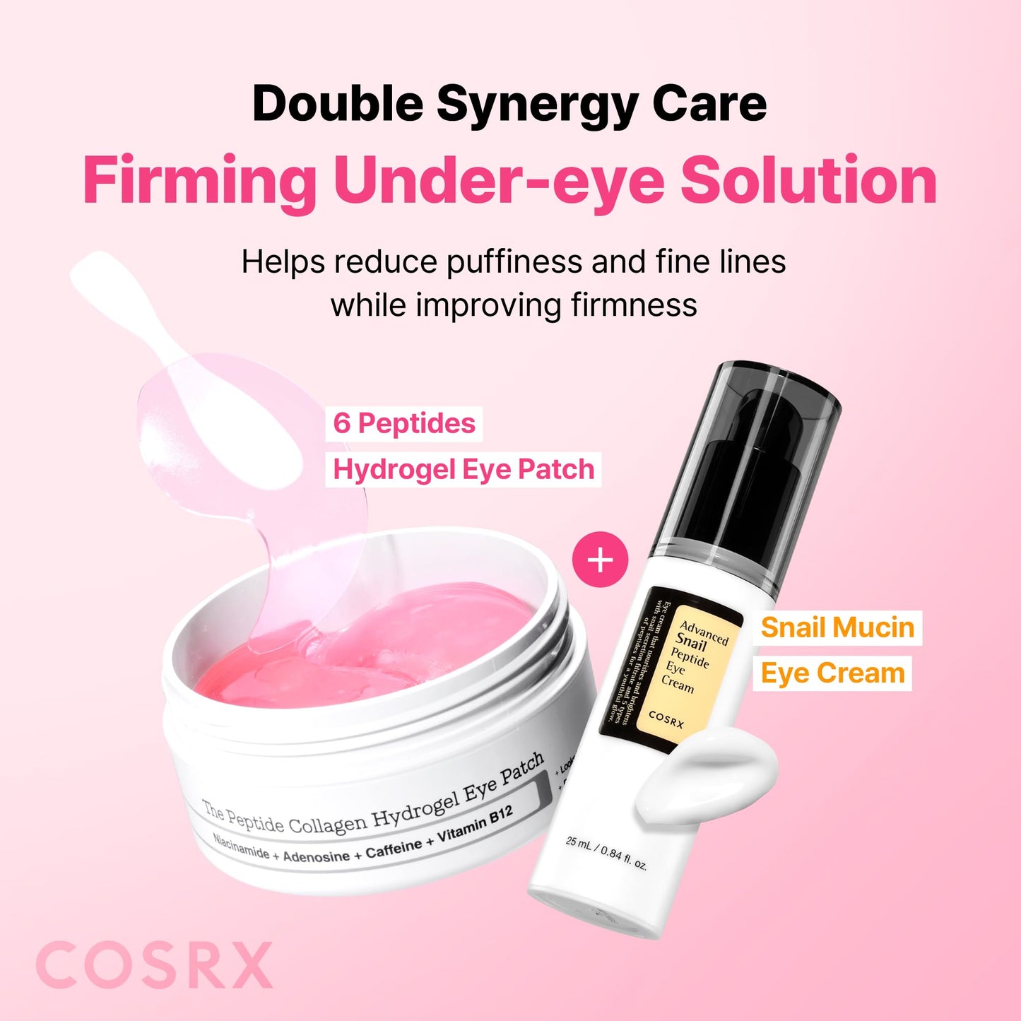 SKINZA COSRX Pink Peptide Collagen Hydrogel Eye Patches with wrinkle-reducing and hydrating properties shown on skin.
