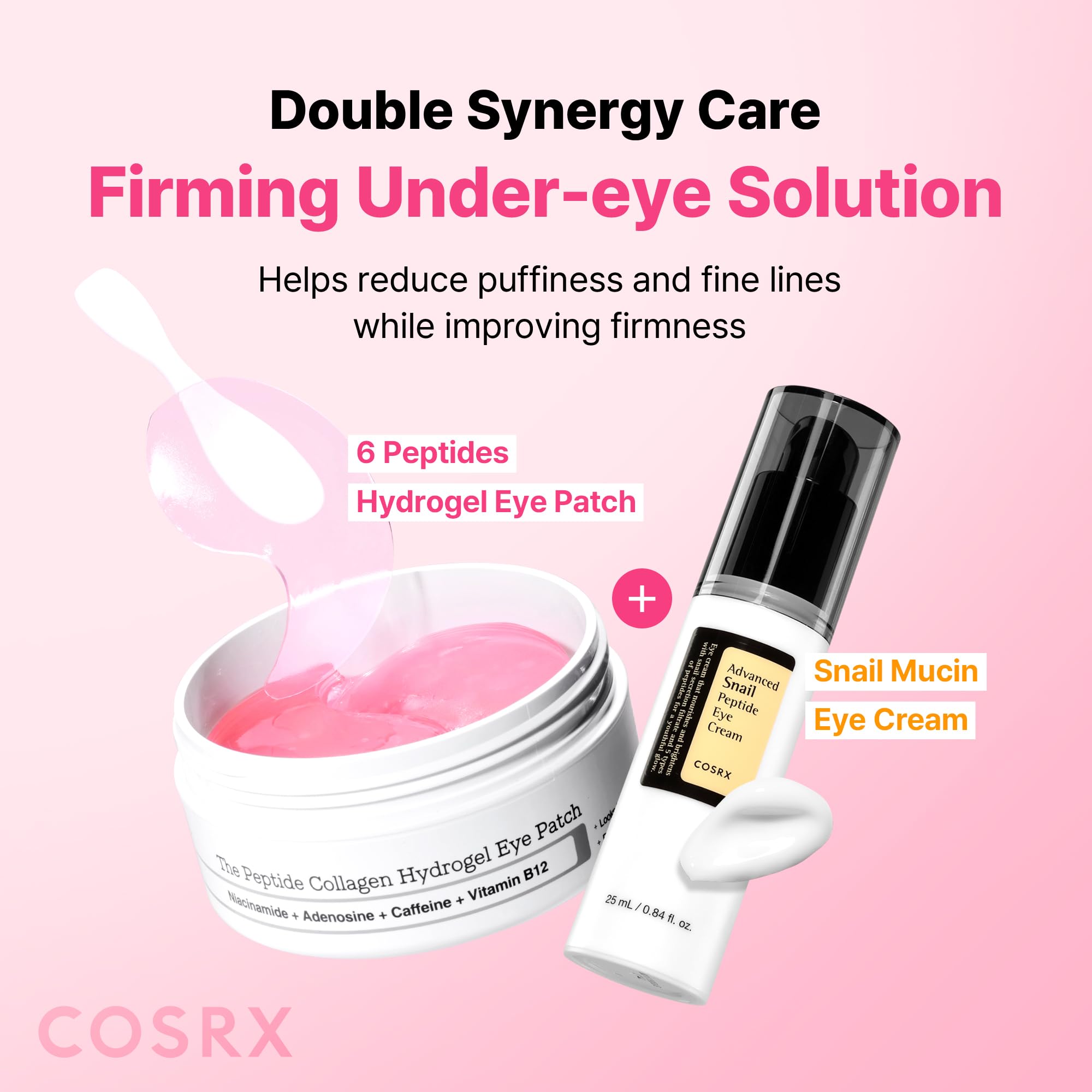 SKINZA COSRX Pink Peptide Collagen Hydrogel Eye Patches with wrinkle-reducing and hydrating properties shown on skin.