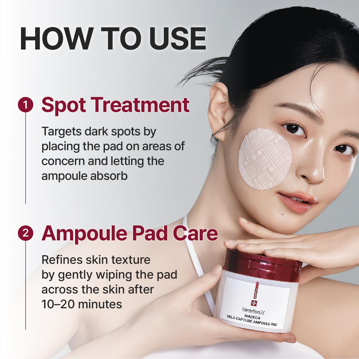 CENTELLIAN 24 Madeca Mela Capture Ampoule Pad showing soft, textured face pads with bright packaging for skincare.