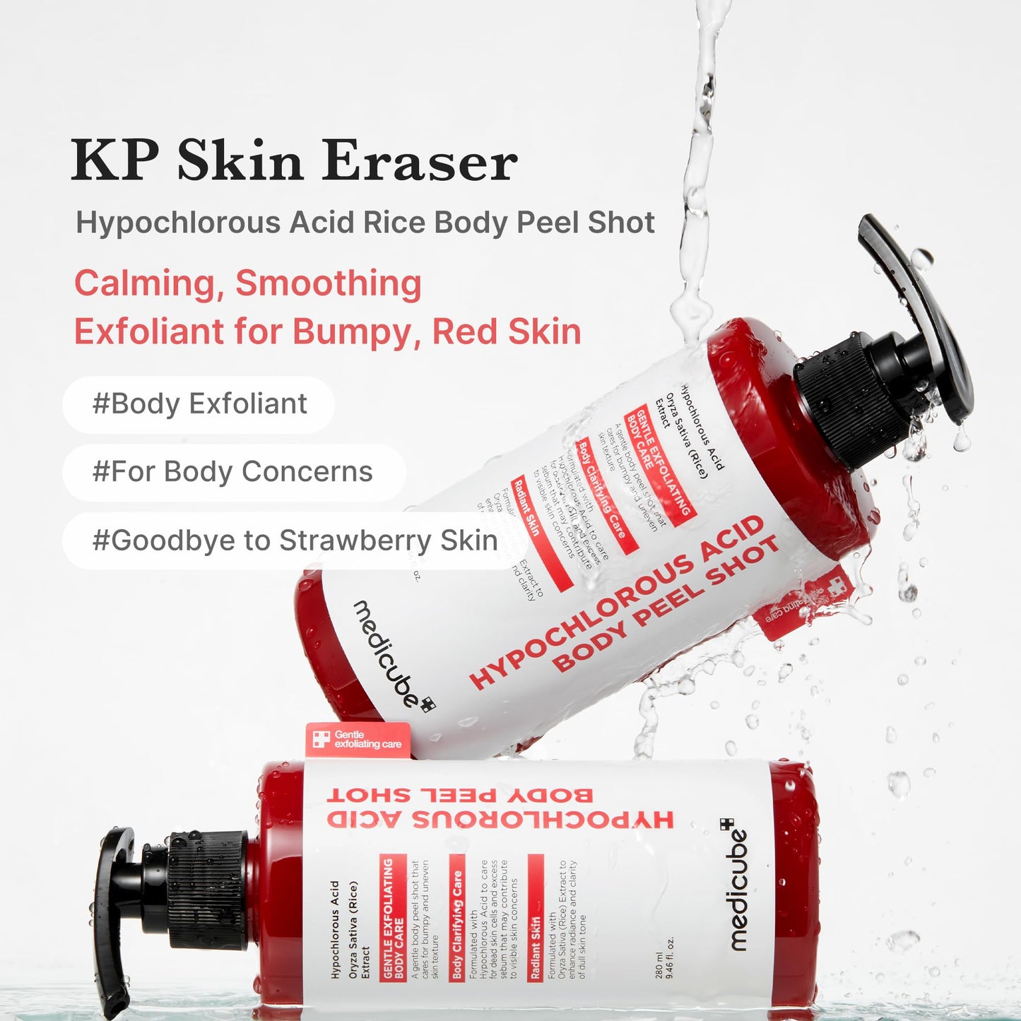 Medicube Body Peel Shot with hypochlorous acids in a sleek bottle, designed for gentle body exfoliation and skin renewal.