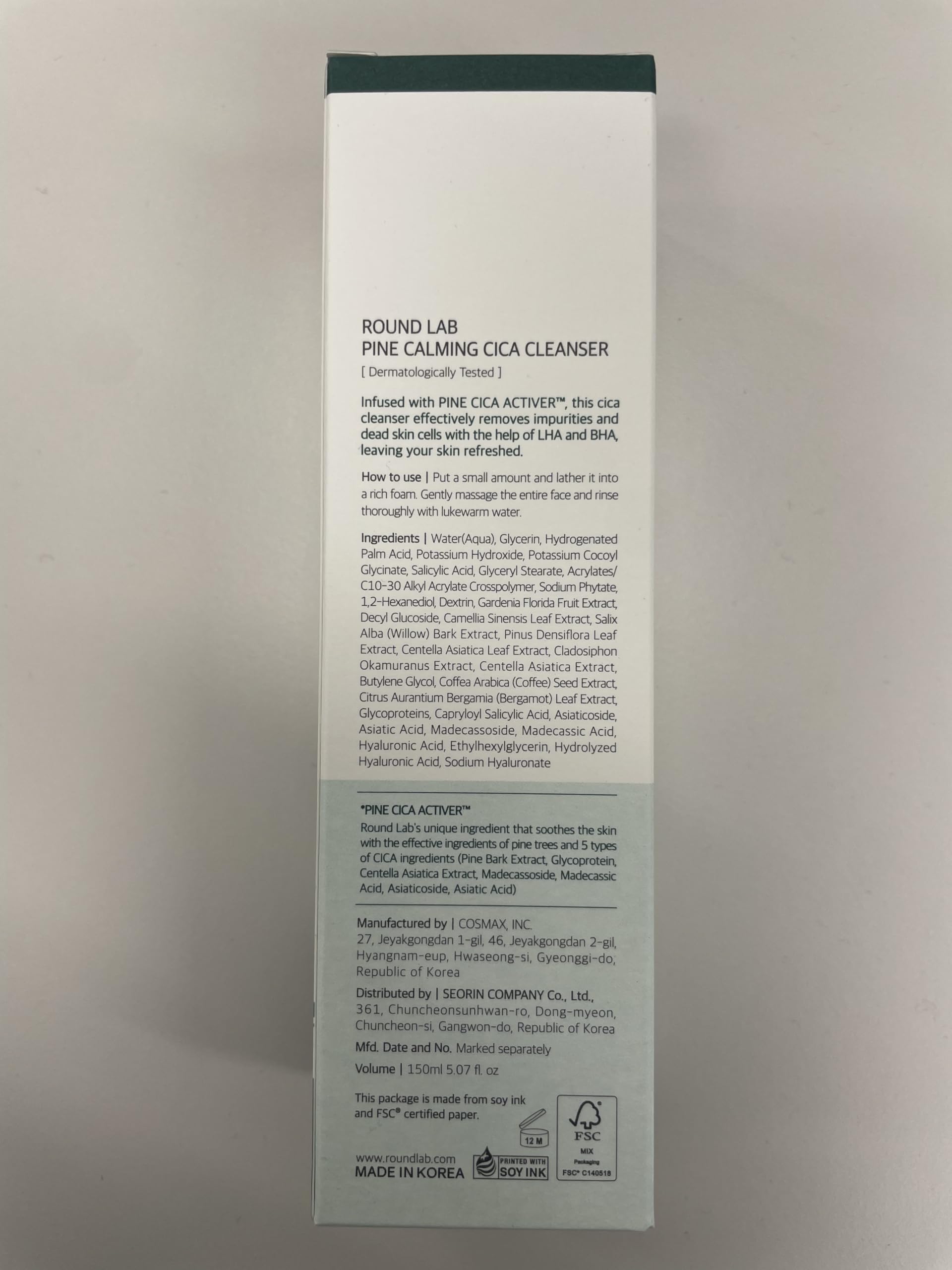 SKINZA ROUND LAB Soothing Facial Cleanser Pine with Cica in 150ml bottle, featuring a clear pump dispenser and minimalist design.