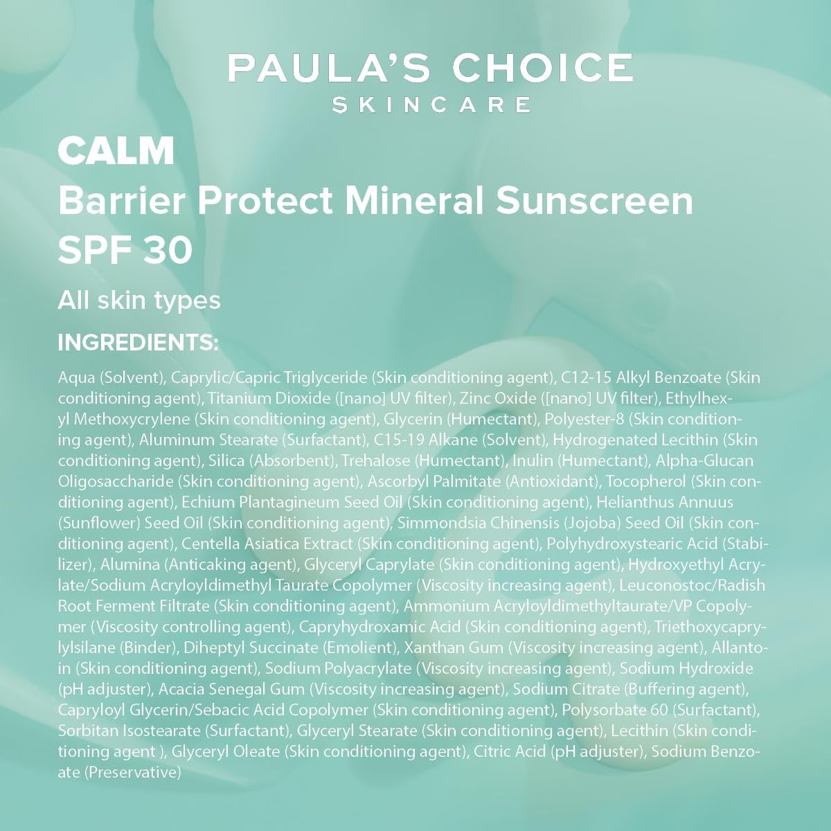 SKINZA Paula's Choice CALM Barrier Protect Mineral Sunscreen SPF 30 in a tube, featuring a lightweight, soothing formula for sensitive skin