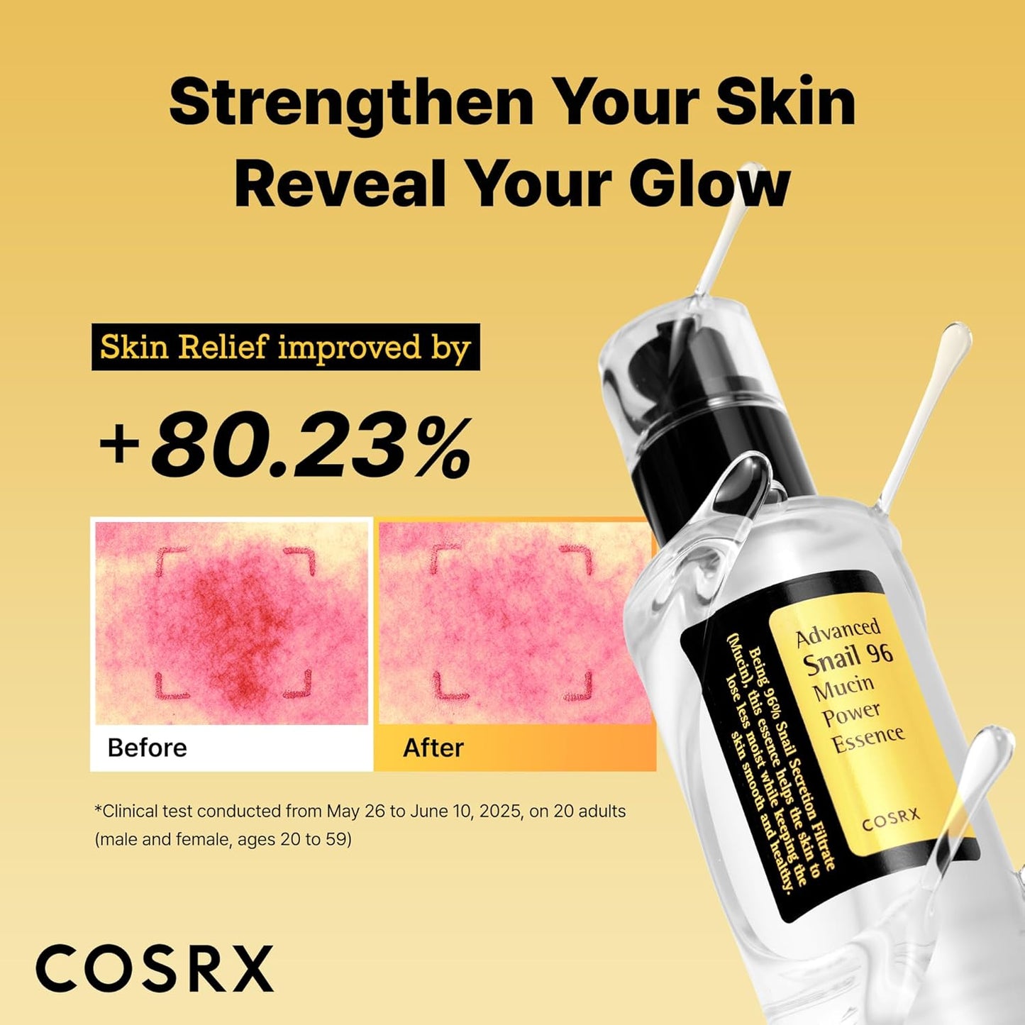 COSRX Advanced Snail 96 Mucin Power Essence in a clear bottle, showcasing its contents for nourishing facial skin.