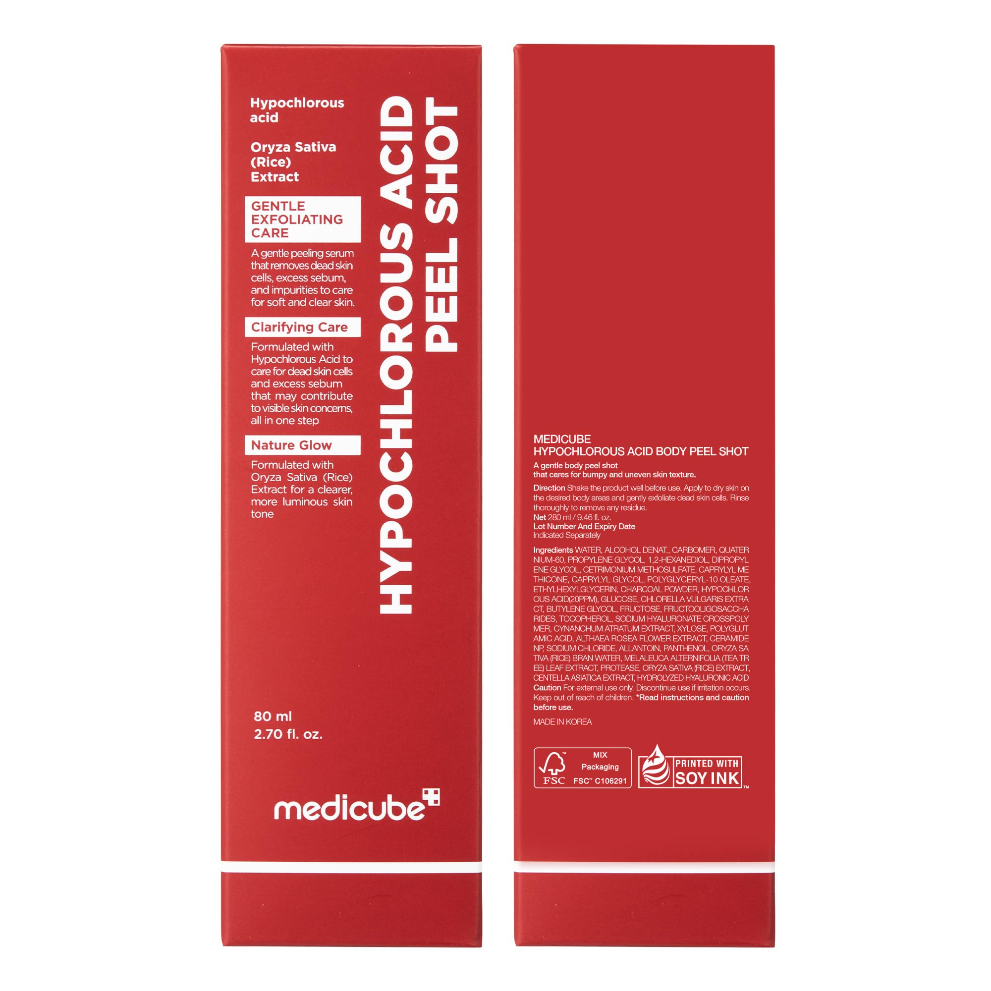 Medicube Body Peel Shot with hypochlorous acids, featuring a clear bottle and applicator for body skincare.