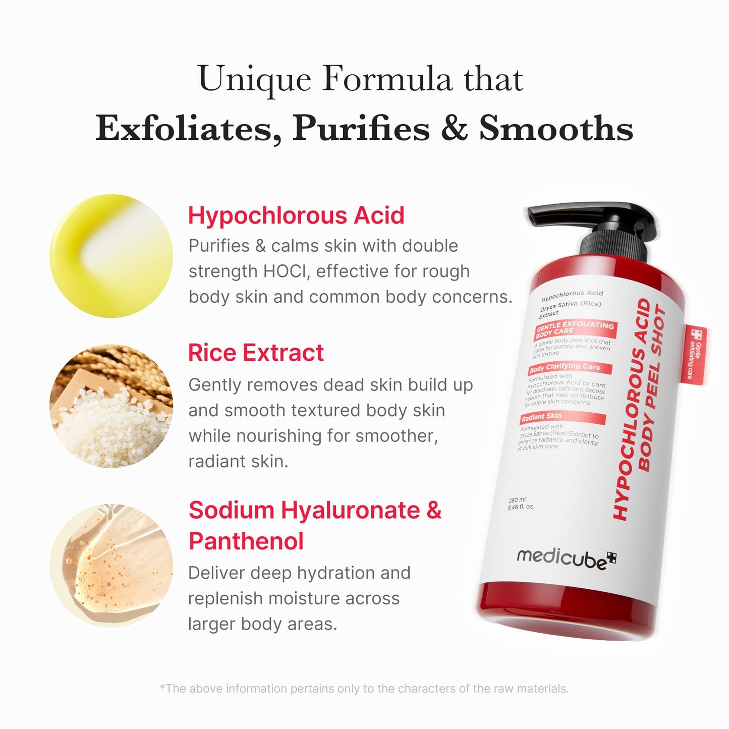 Medicube Body Peel Shot with Hypochlorous Acids in a sleek bottle, designed for gentle body exfoliation and skin refreshment.