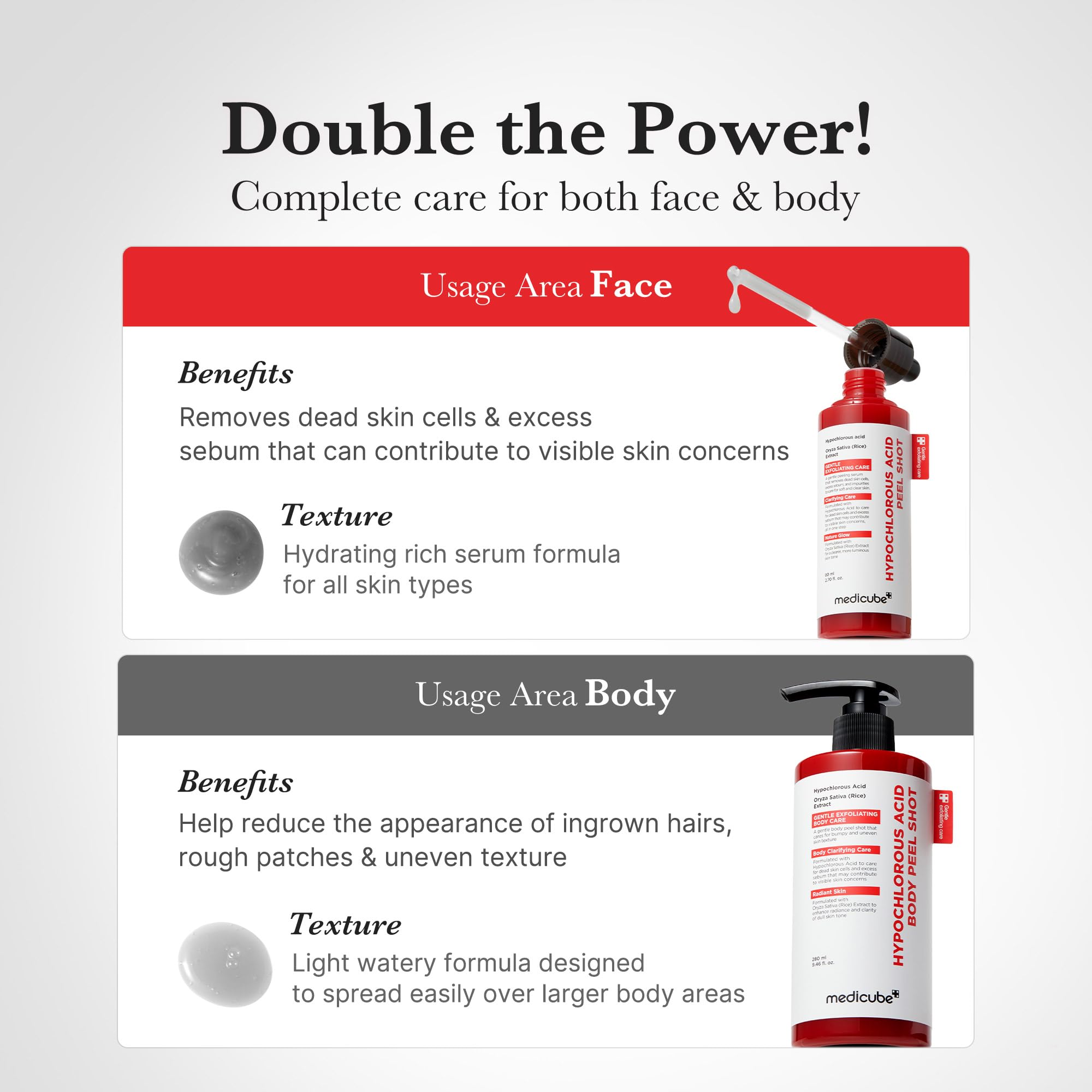 Medicube Body Peel Shot with Hypochlorous Acids in a sleek bottle, designed for nourishing and exfoliating body skin.