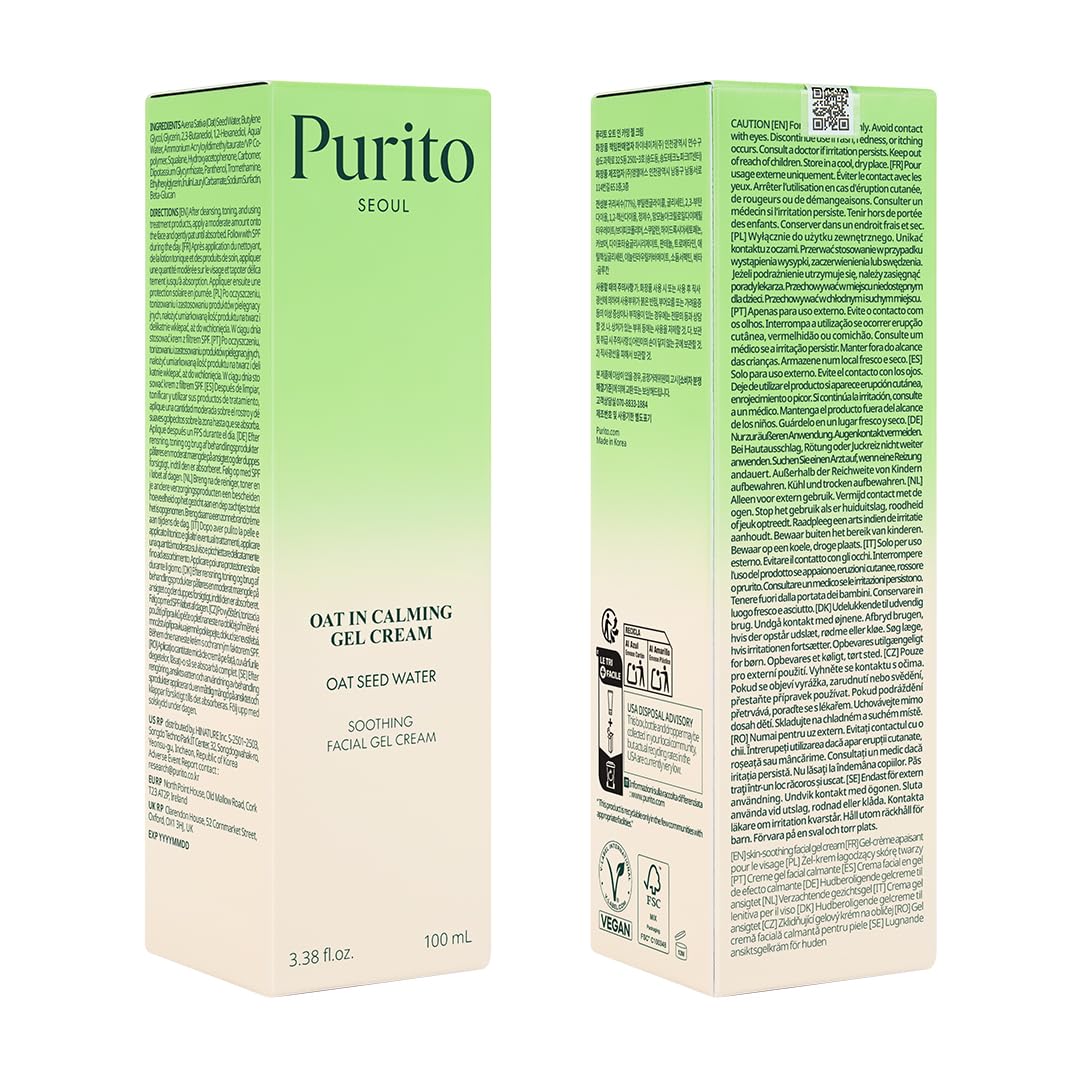 Purito Seoul Calming Gel Cream with oat extract, face care product for soothing and hydrating skin in a clear jar.