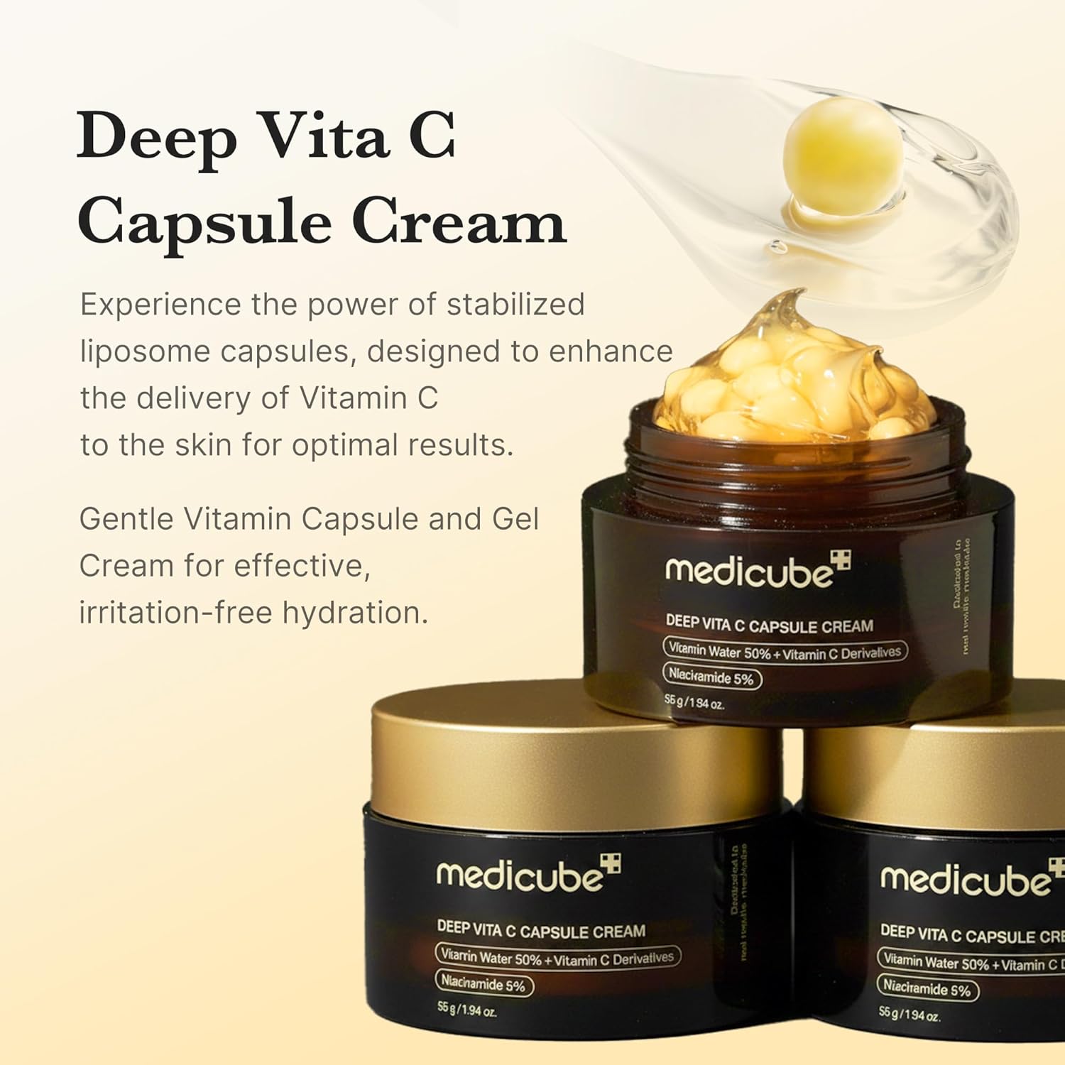 SKINZA Medicube Deep Vitamin C Golden Capsule Face Moisturizer in a jar, showing the luxurious golden capsules for brightening skin.