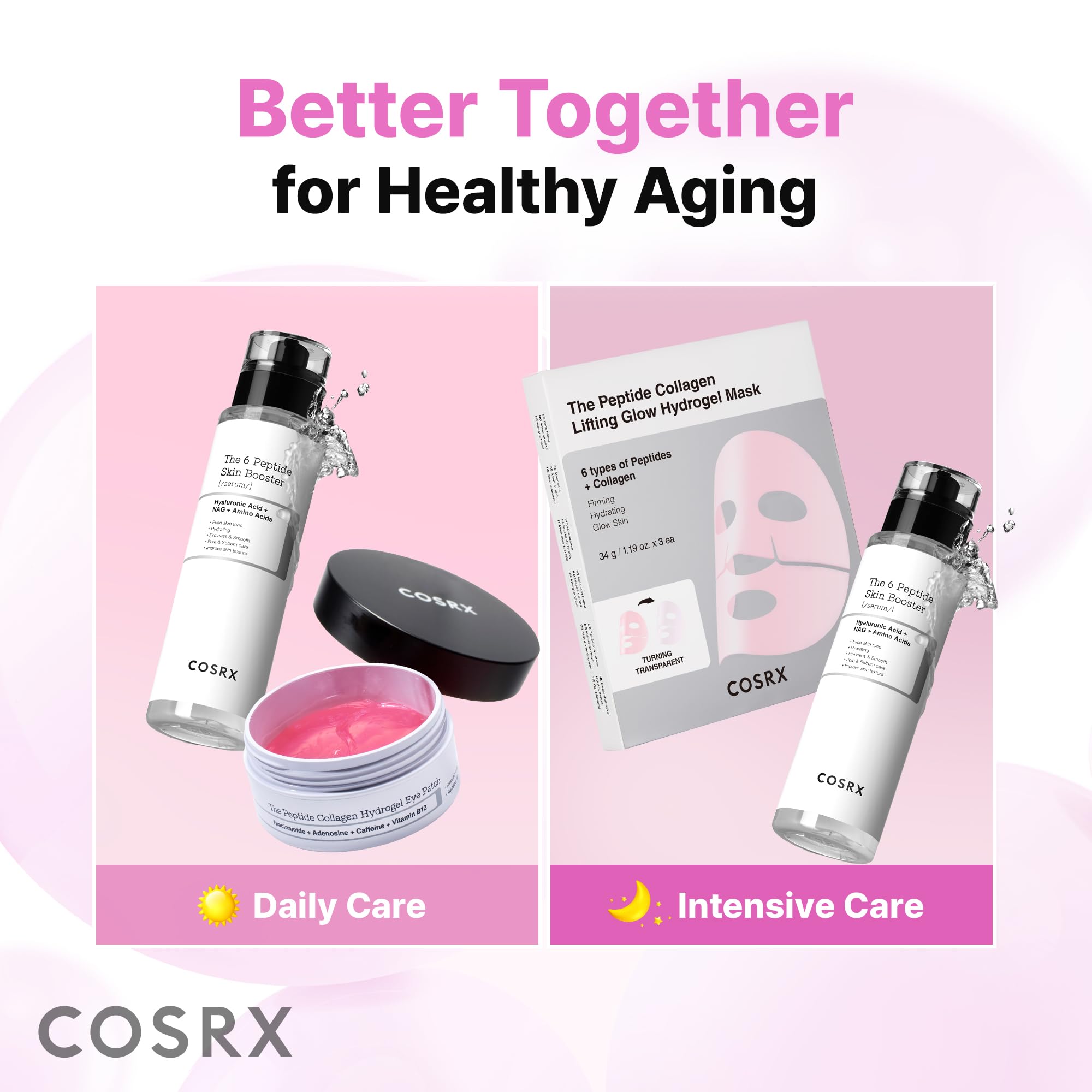 SKINZA COSRX Pink Peptide Collagen Hydrogel Eye Patches showing bright pink, oval-shaped patches designed to reduce wrinkles around the eyes