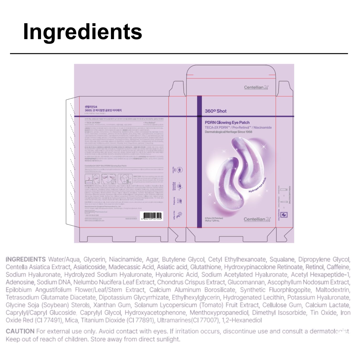 CENTELLIAN 24 PDRN Glowing Eye Patch for eye care, showing a close-up of the soothing, hydrating patches on the skin.