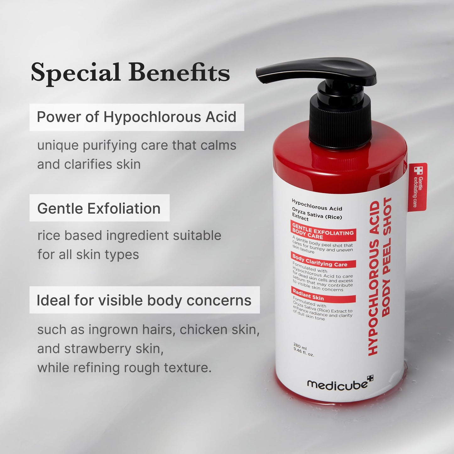 Medicube Body Peel Shot with hypochlorous acids, featuring a sleek bottle for gentle body exfoliation and skin refreshment.
