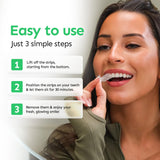 SKINZA Whites Beaconsfield non-peroxide whitening strips, 28-count 14-day kit, showing the whitening strips ready for use