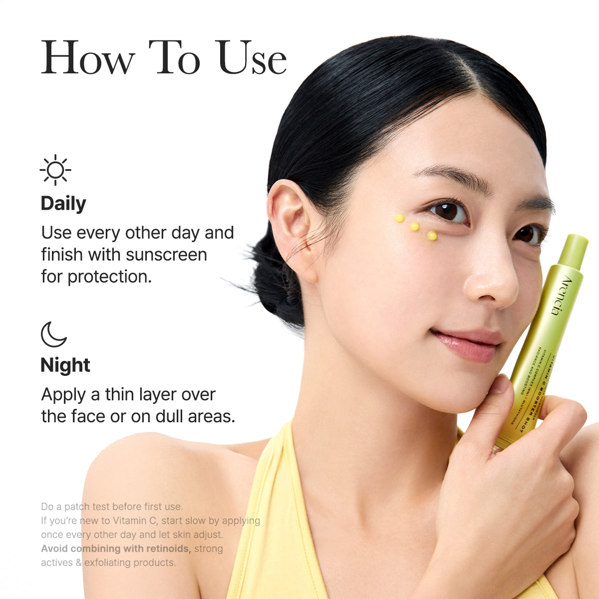 Arencia Vitamin C Booster Shot for face care, featuring a clear dropper bottle of pure vitamin C serum on a white background.