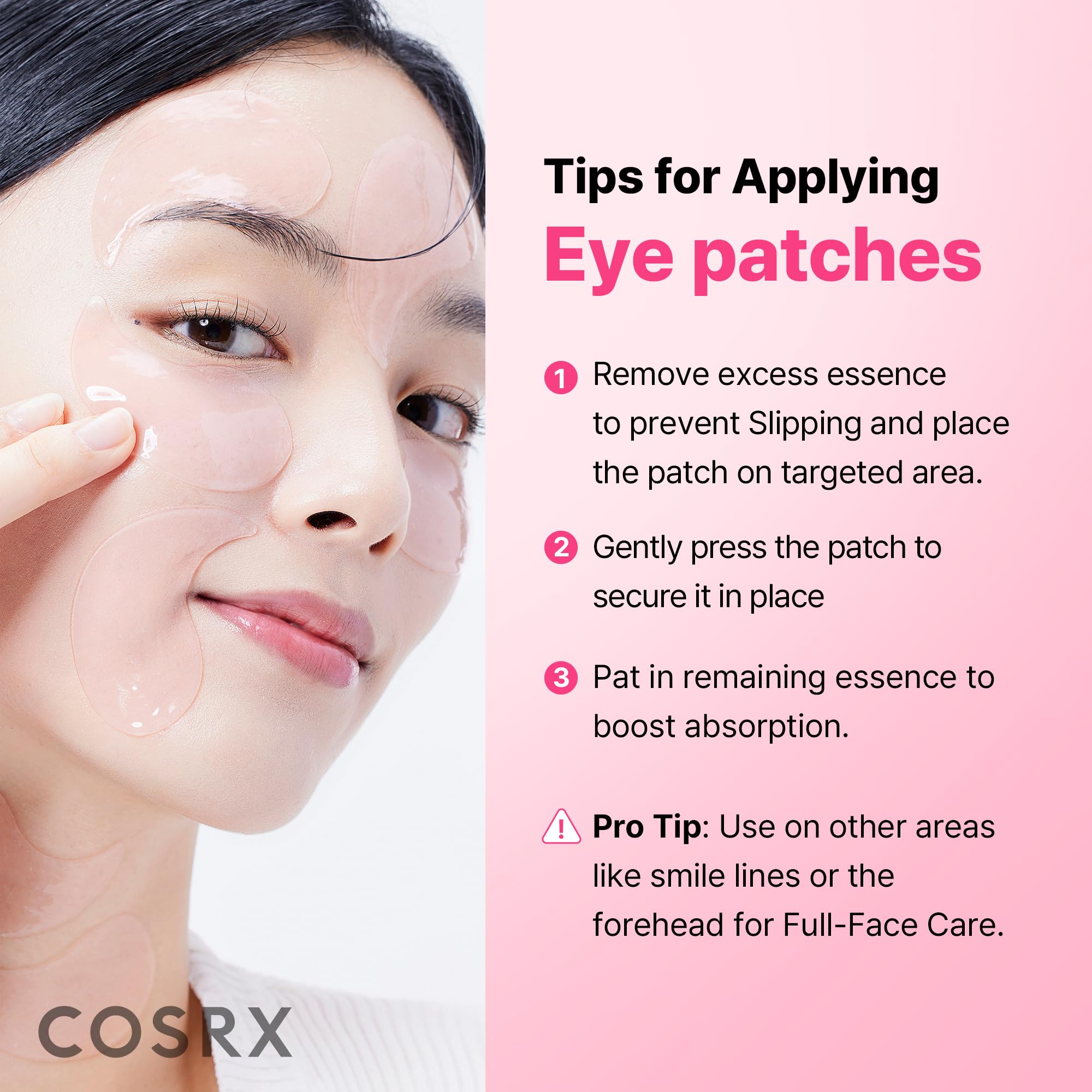 SKINZA COSRX Pink Peptide Collagen Hydrogel Eye Patches showing soft pink patches with collagen and peptide ingredients for eye area.