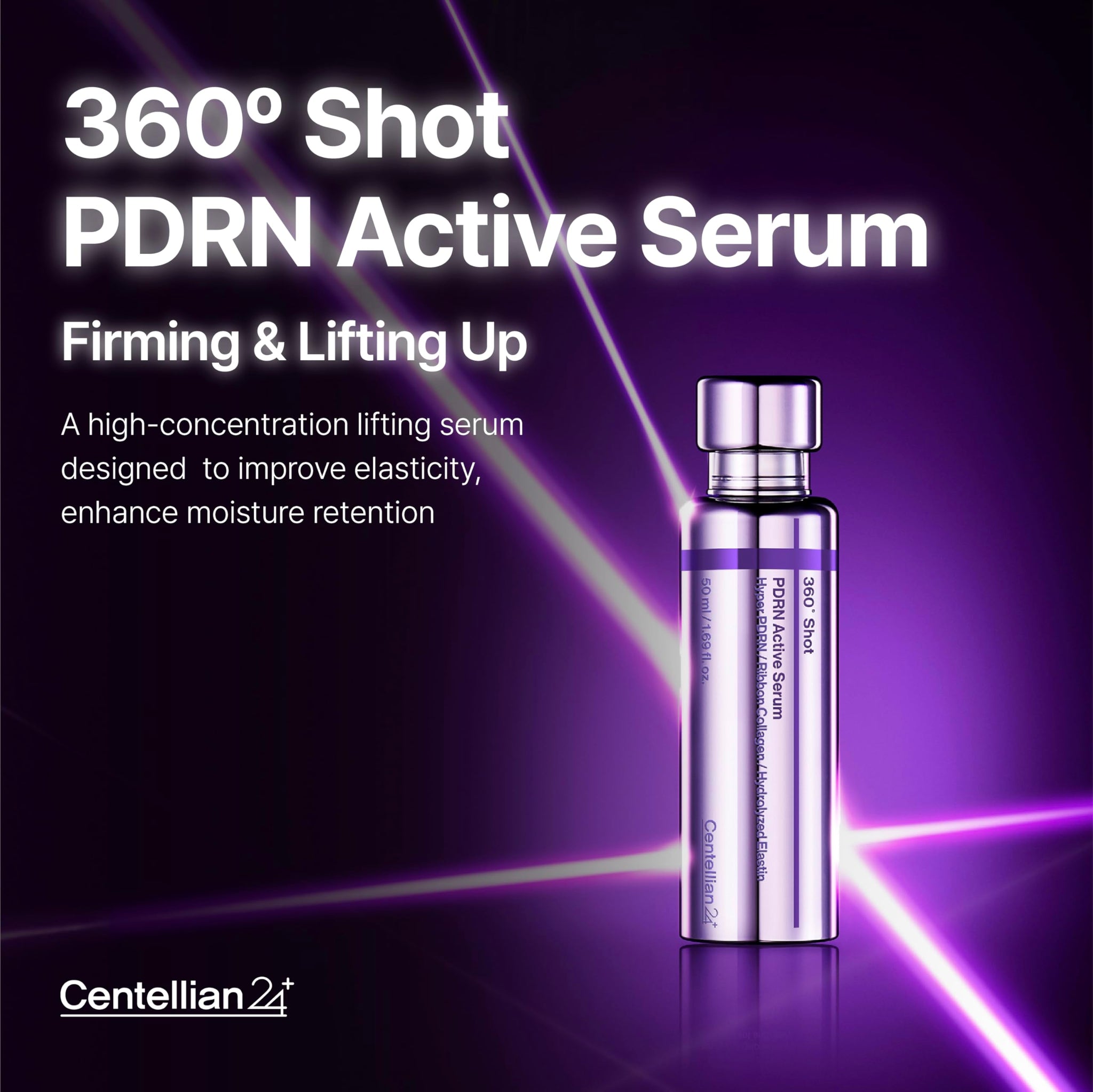 CENTELLIAN 24 360º Shot PDRN Active Serum V2 bottle with dropper, clear liquid serum in a sleek glass container.