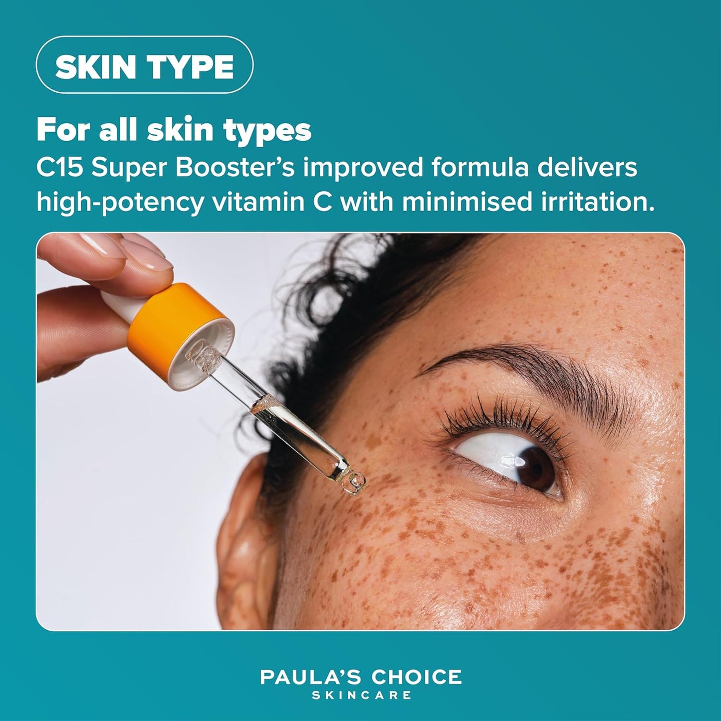 SKINZA Paula's Choice C15 Super Booster serum bottle with dropper, featuring bright orange packaging and clear labeling.