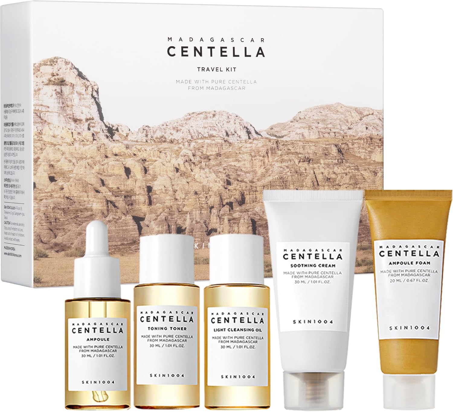 SKINZA SKIN1004 Madagascar Centella Travel Kit with skincare bottles and travel pouch for soothing skincare on the go